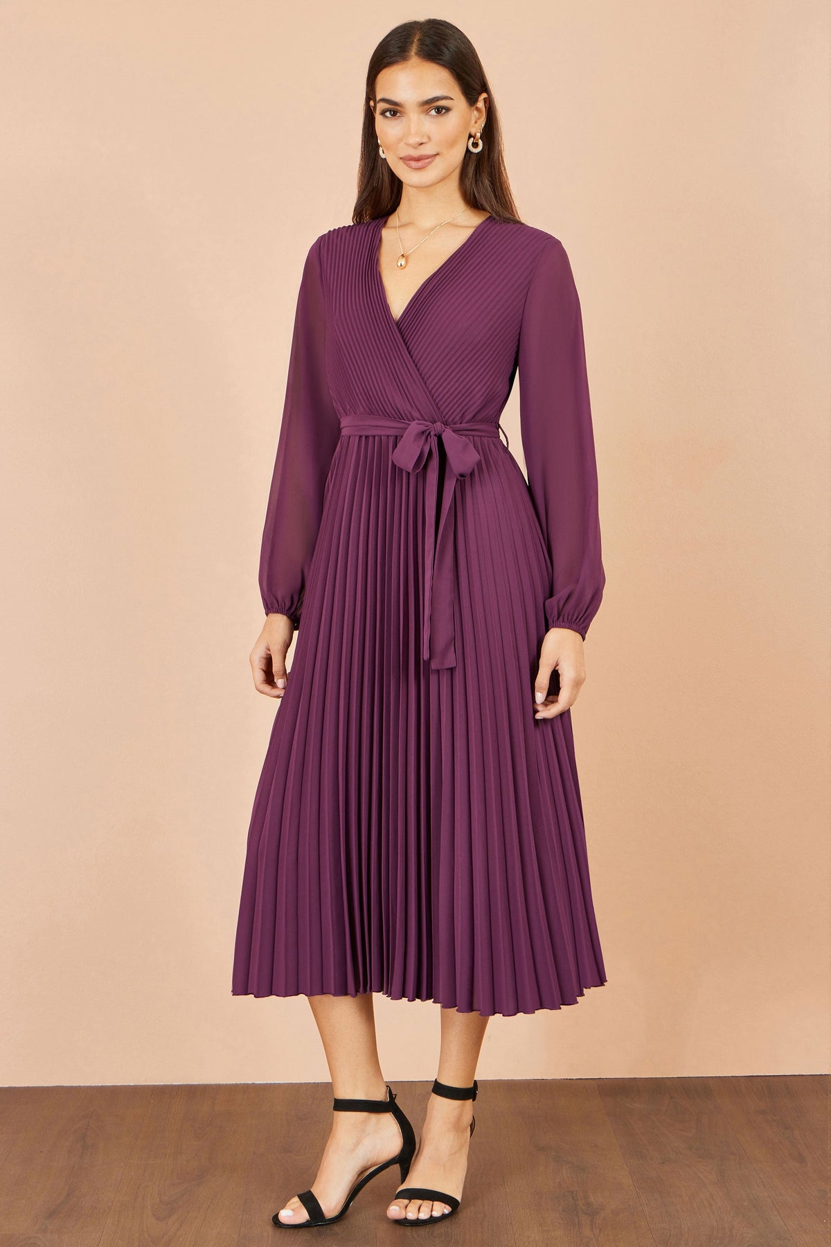 Yumi Purple Pleated Wrap Midi Dress
