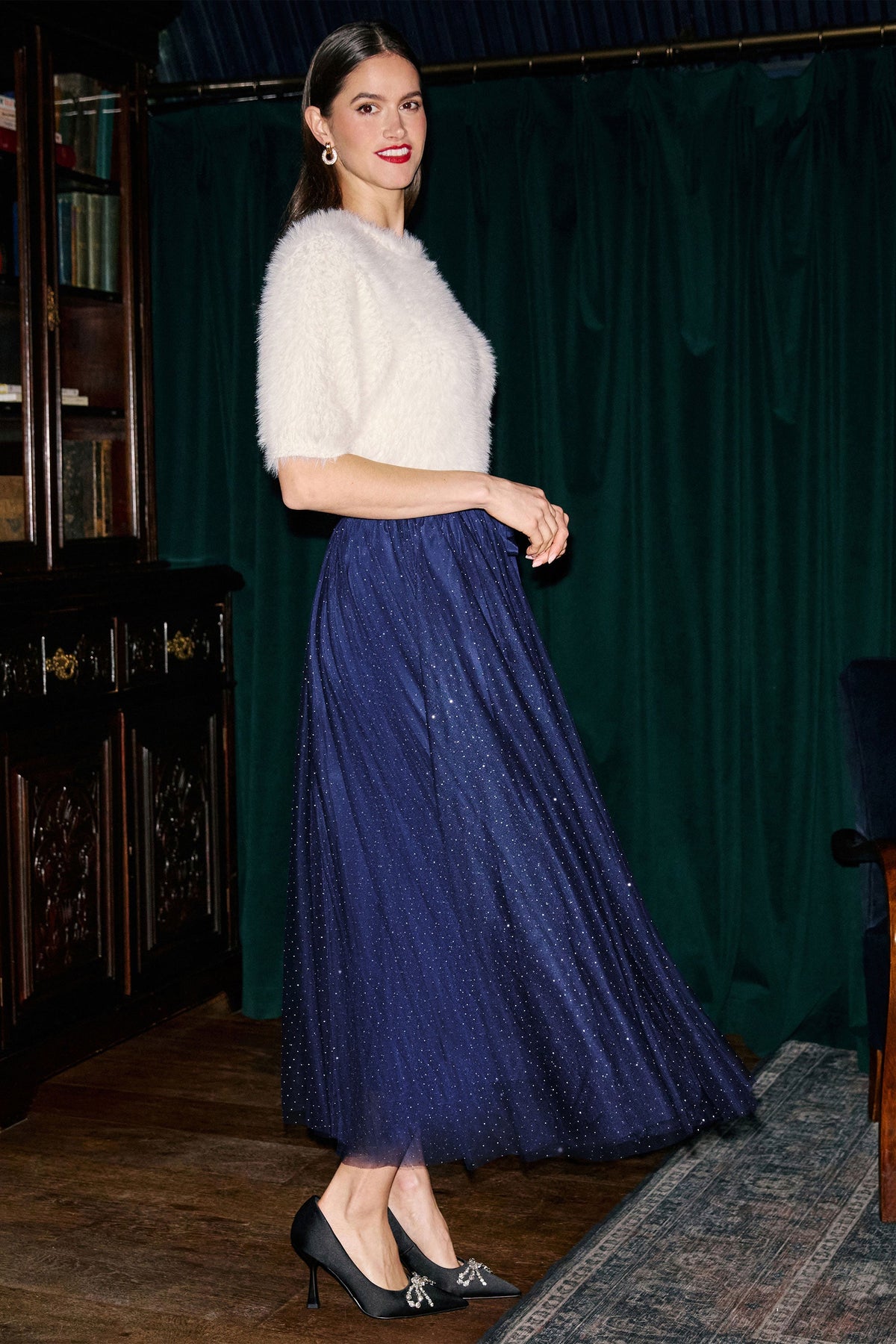 Yumi Navy Diamonte Tulle Midi Skirt