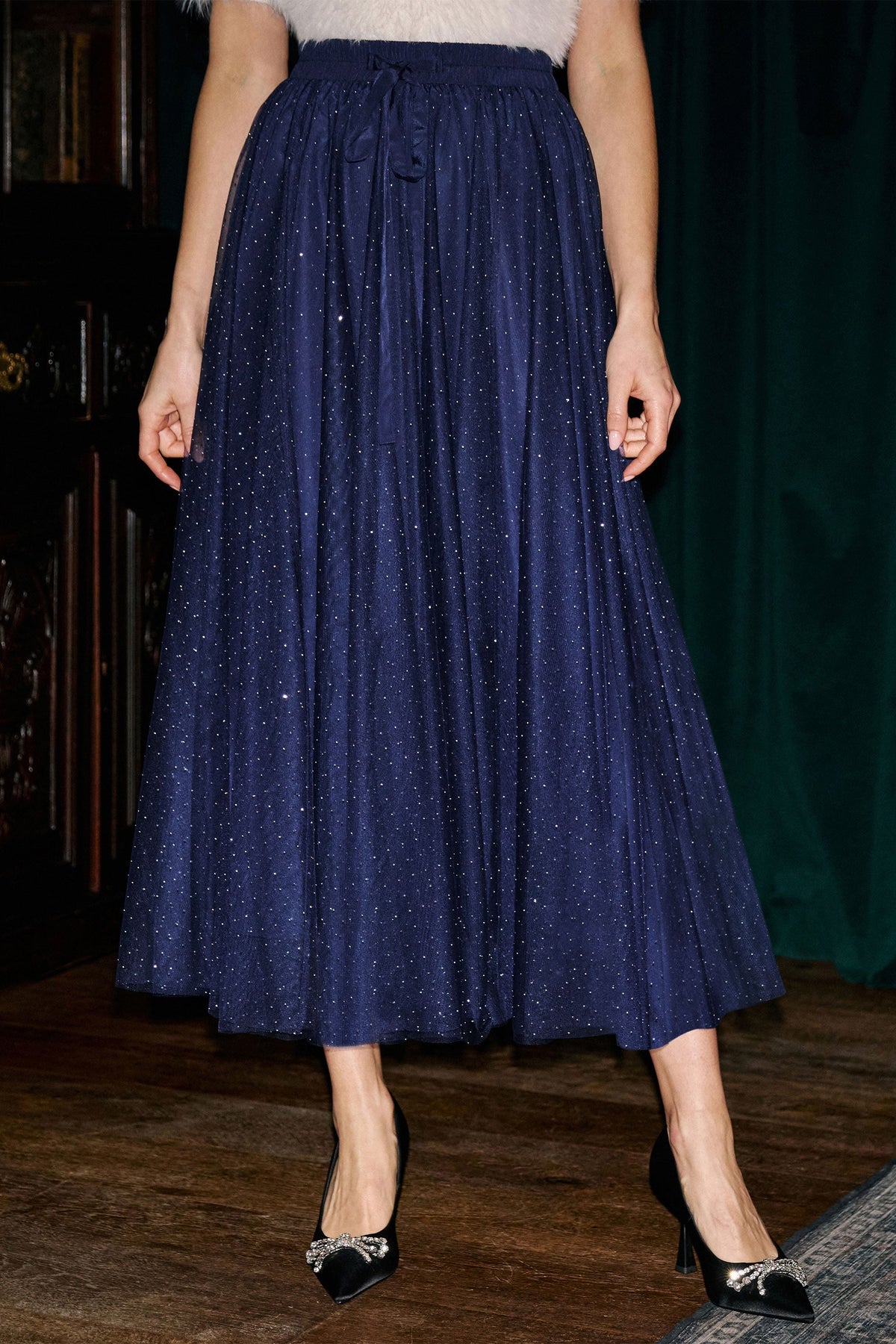 Yumi Navy Diamonte Tulle Midi Skirt