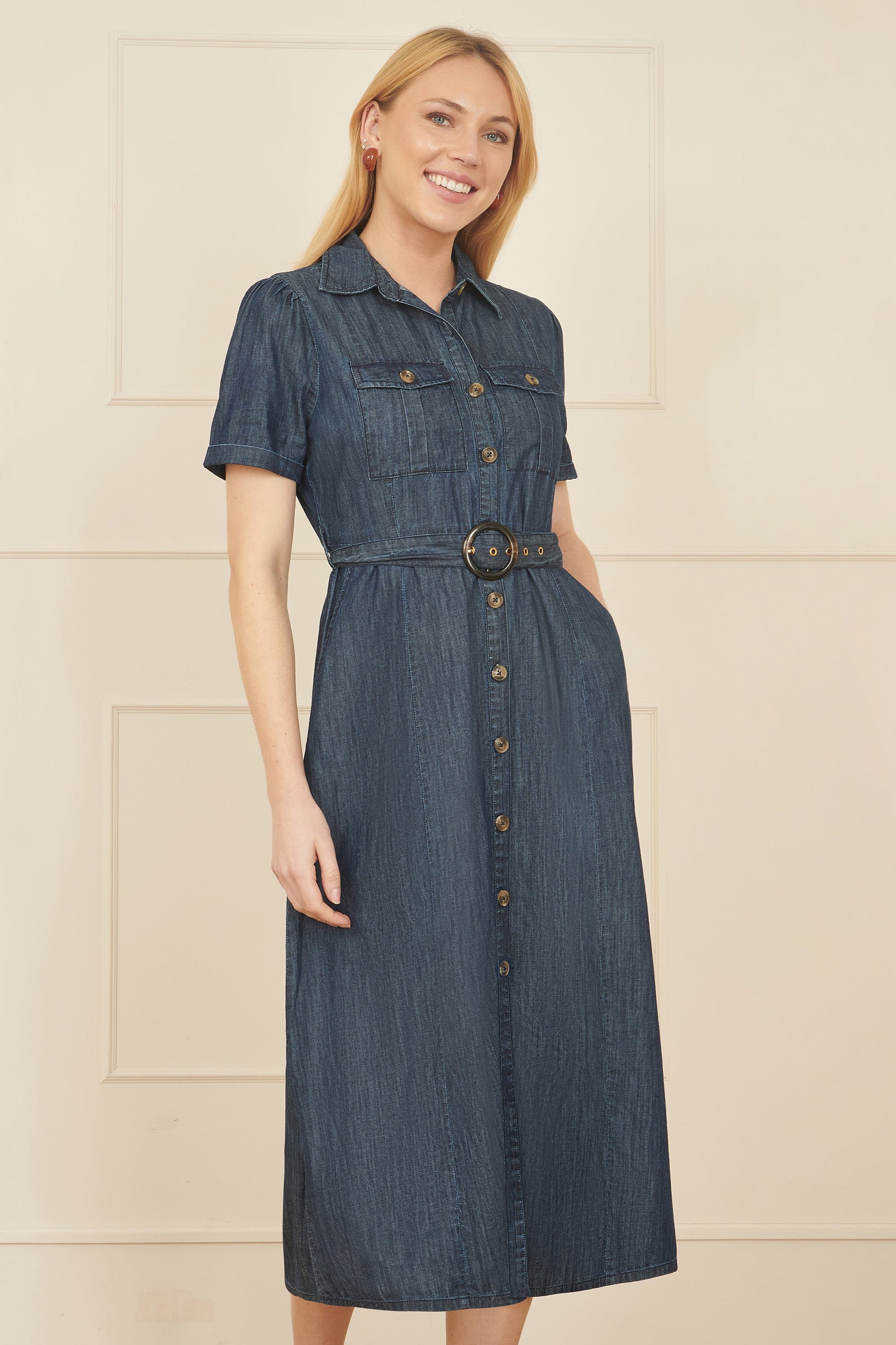 Yumi Blue Chambray Utility Midi Denim Shirt Dress – Envy Boutique - Main Image