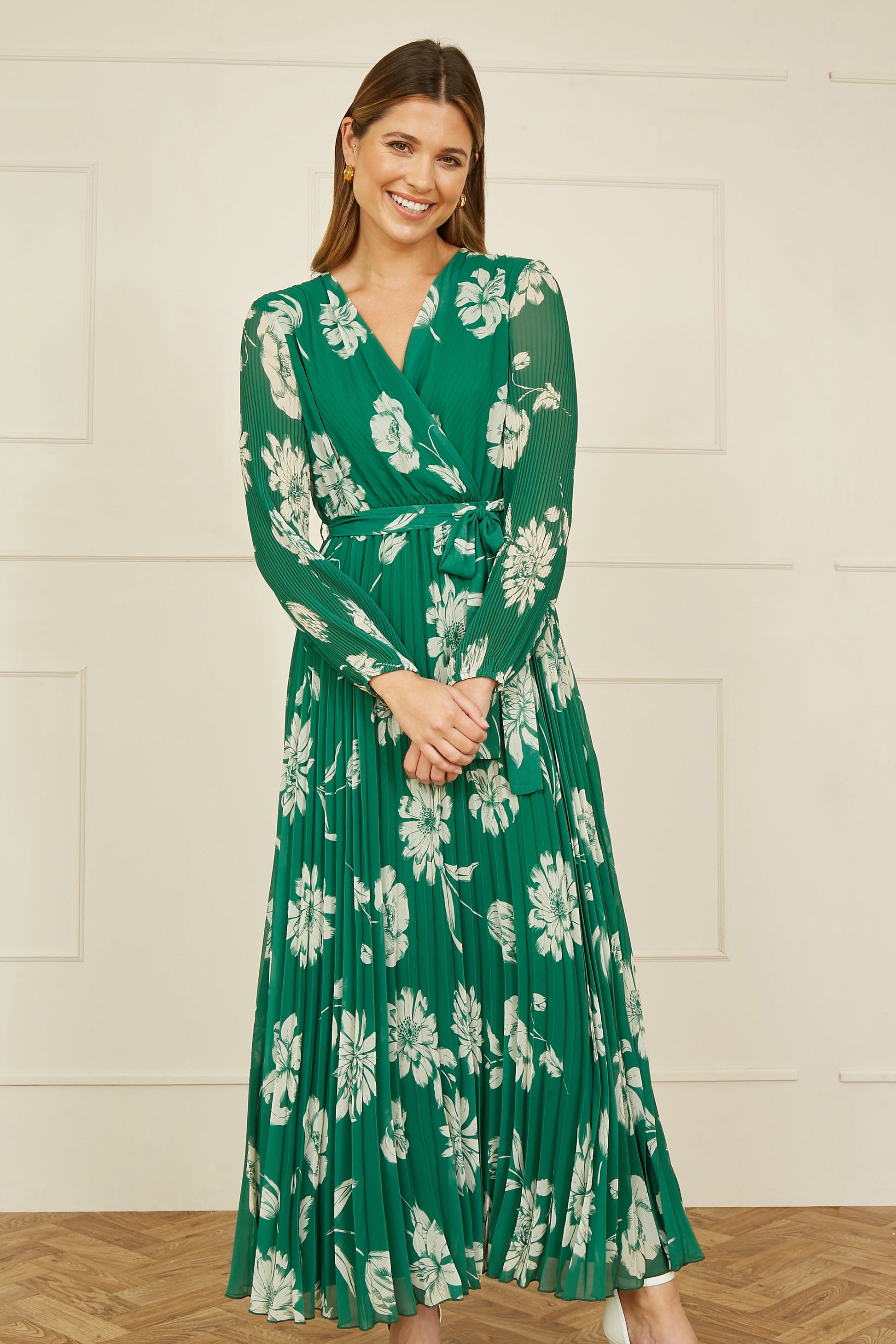 Yumi Green Floral Pleated Midi Wrap Long Sleeve Dress Yumi Green Floral Pleated Midi Wrap Long Sleeve Dress