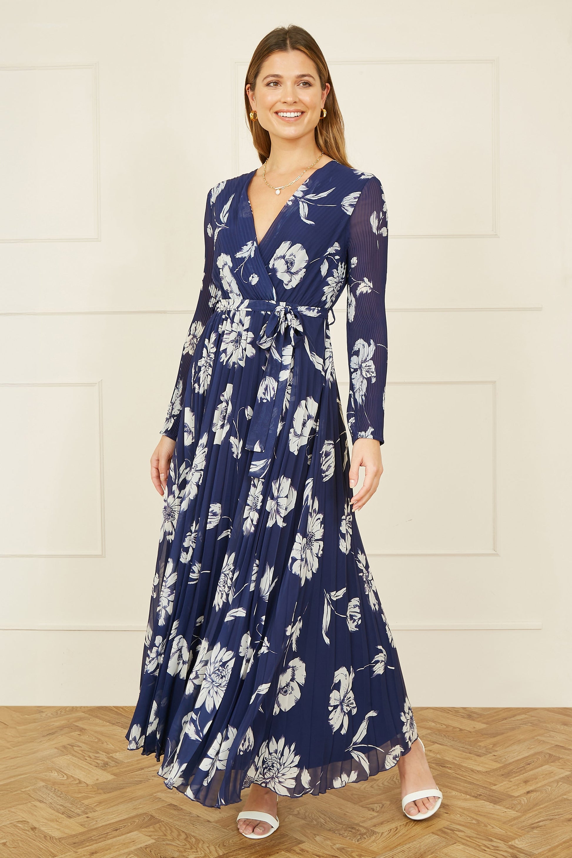 navy floral long sleeve pleated midi dress Deep Navy Bloom Midi Dress XL