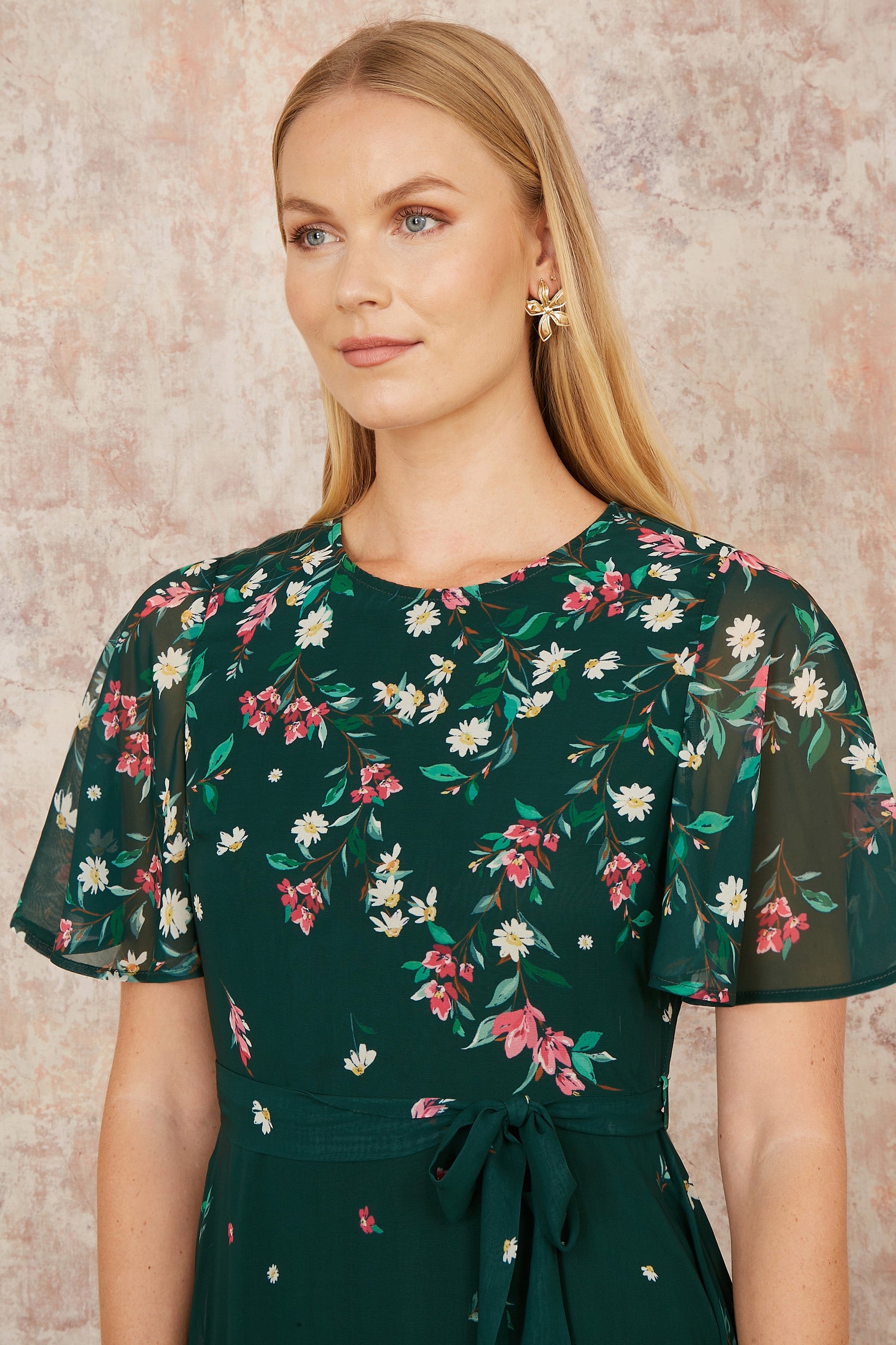 Yumi Green Daisy Mirror Placement Skater Dress With Angel Sleeves – Envy  Boutique