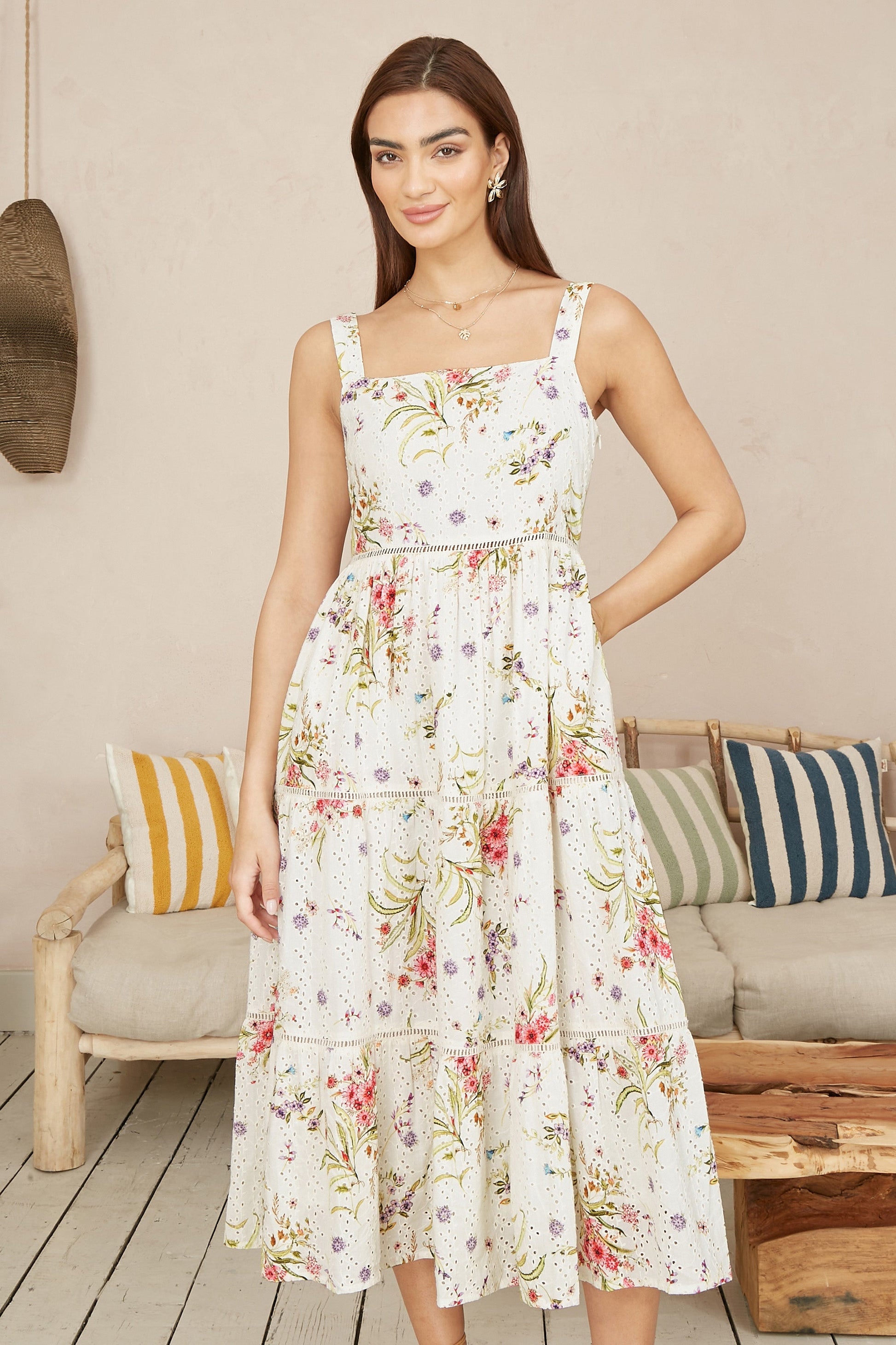 Yumi White Floral Broderie Anglaise Midi Sun Dress – Envy Boutique