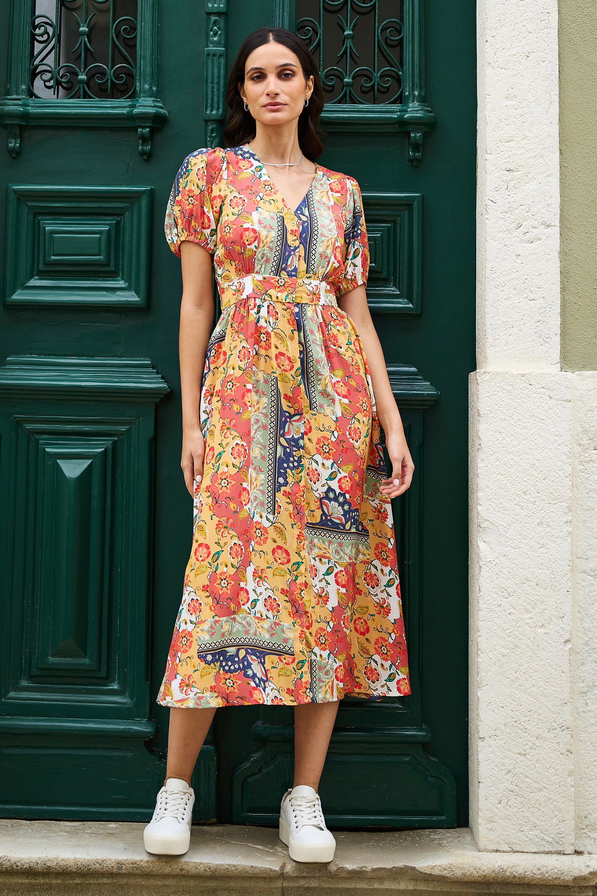 patchwork print midi dress FRNCH Consordia Multi Patchwork Print Midi Dress