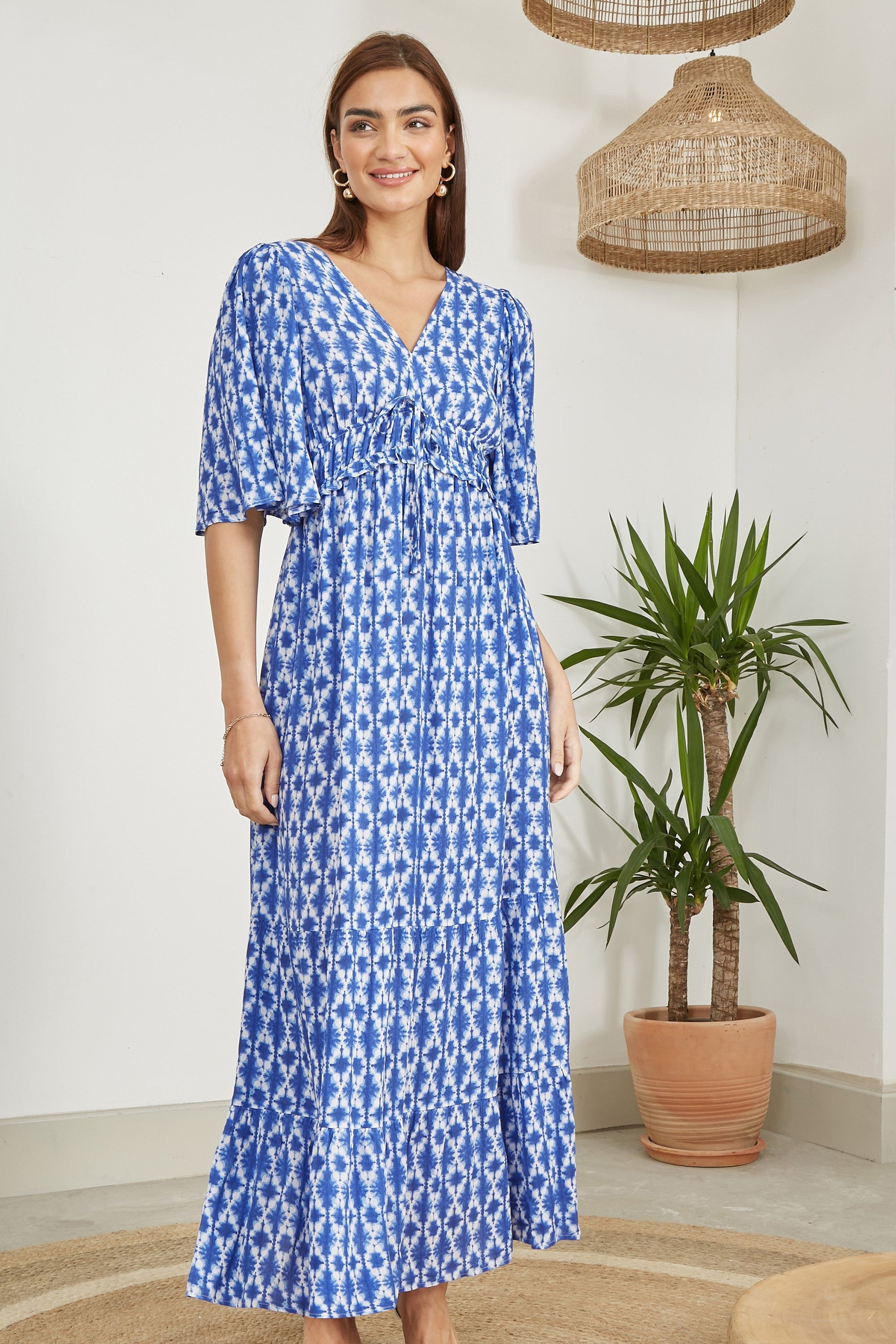 Yumi Blue Aztec Print Maxi Dress With Cross Over Back - Blue / 6