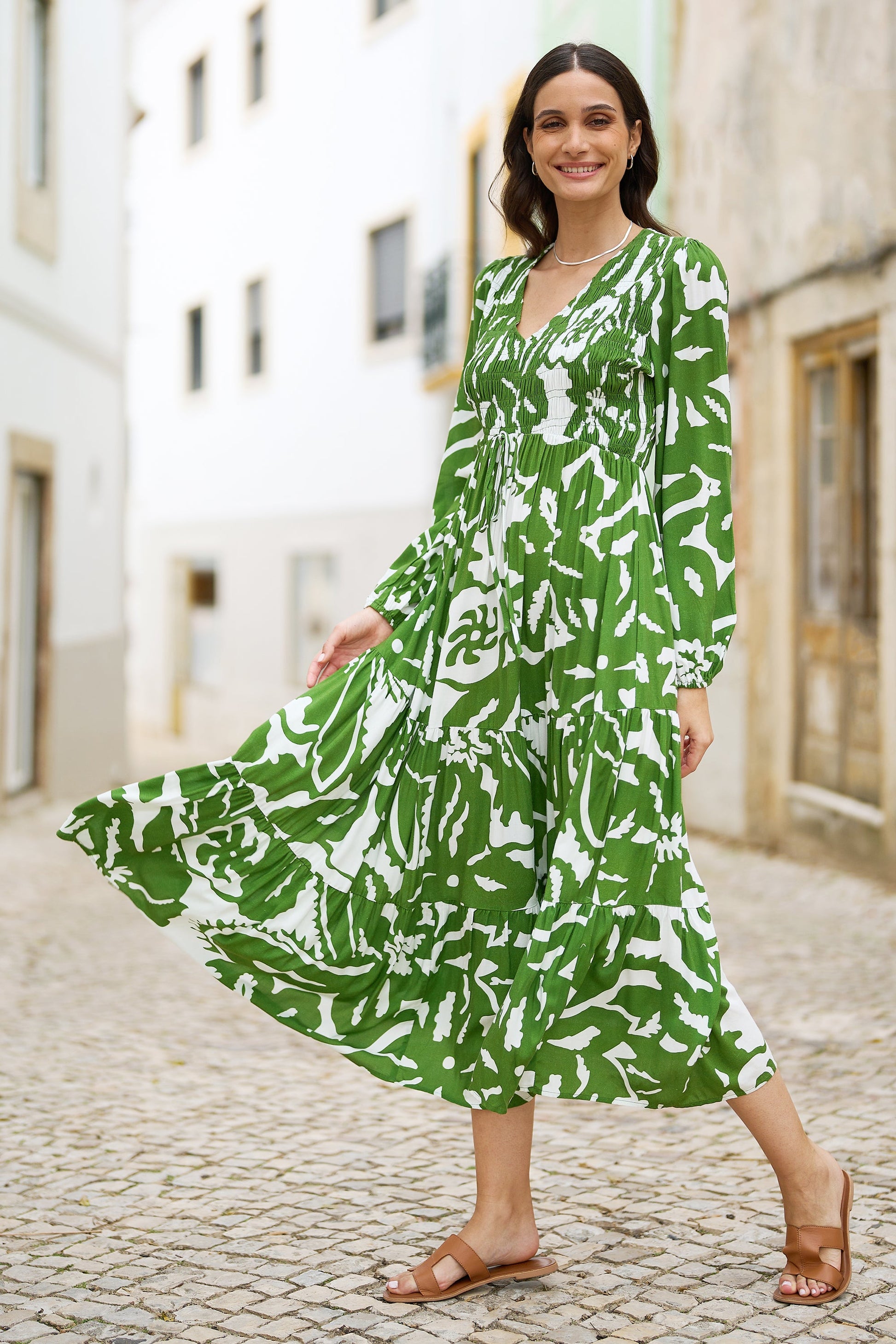 Yumi Green Abstract Print Ruched Midi Dress With Long Sleeves Envy Boutique Yumi Green Abstract Print Ruched Midi Dress With Long Sleeves Envy Boutique