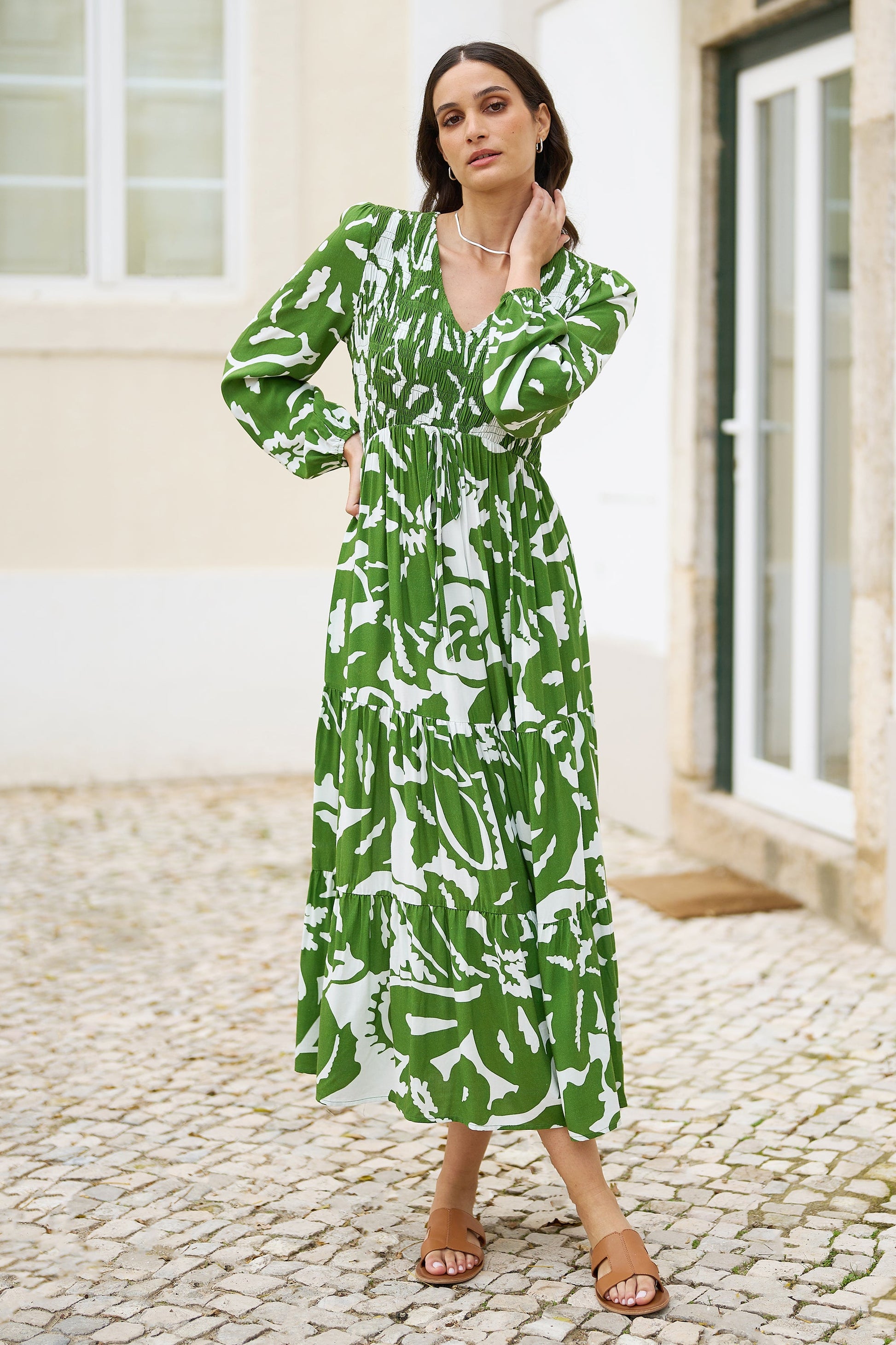 Yumi Green Abstract Print Ruched Midi Dress With Long Sleeves Envy Boutique Yumi Green Abstract Print Ruched Midi Dress With Long Sleeves Envy Boutique