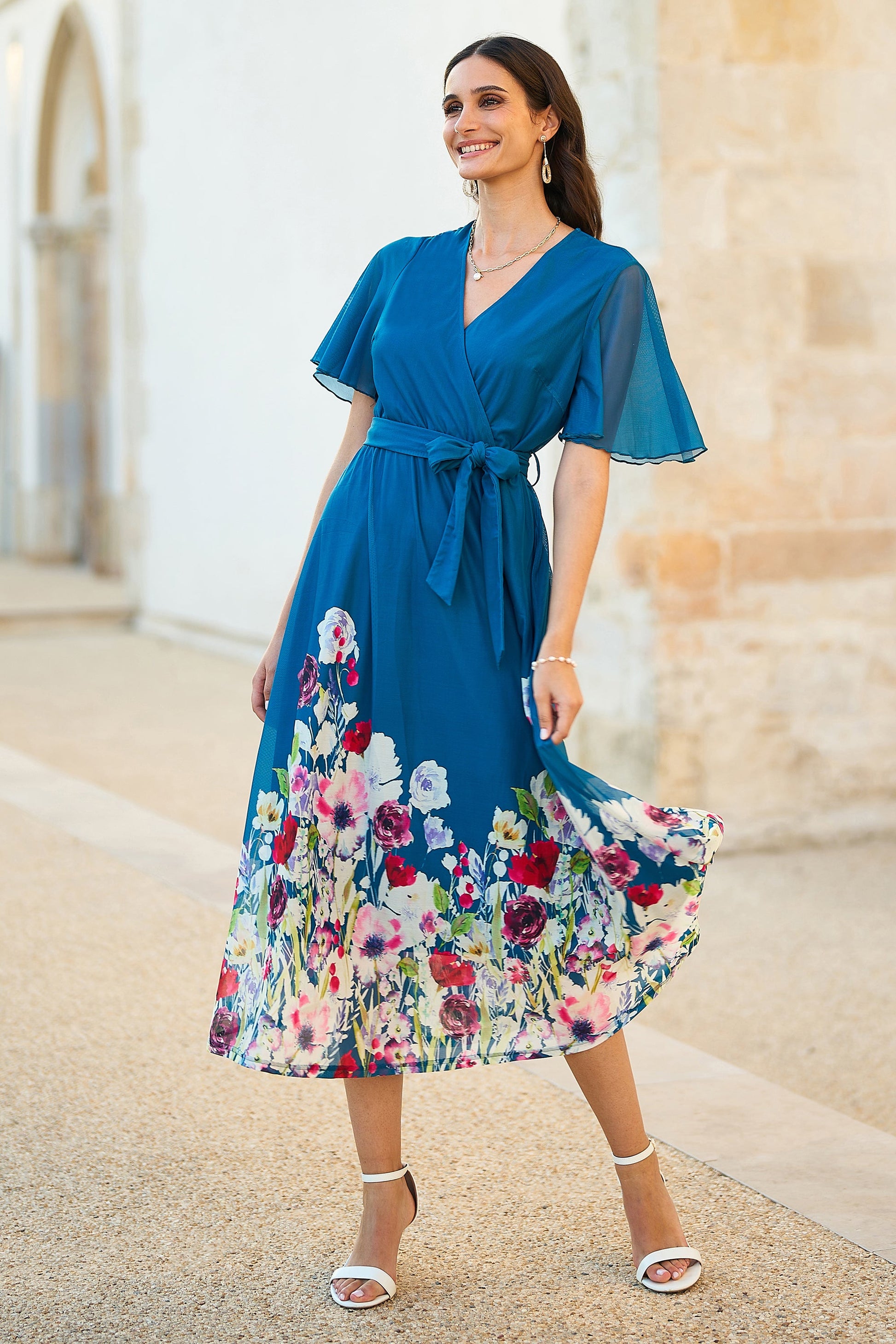 teal wrap midi dress Yumi Teal Mesh Wrap Midi Dress With Floral Hem Border