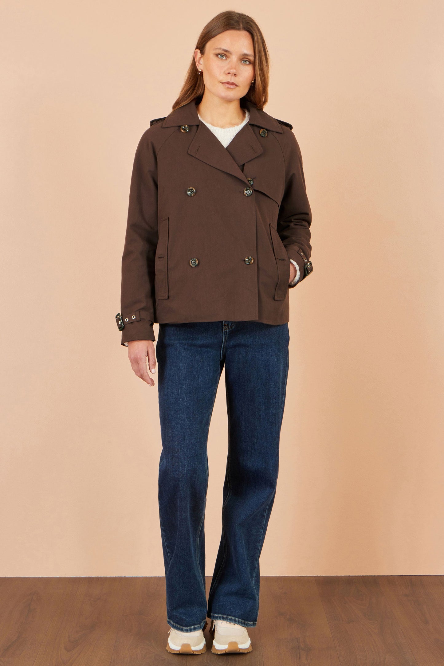 Yumi Brown Cropped Trench Coat With Check Lining