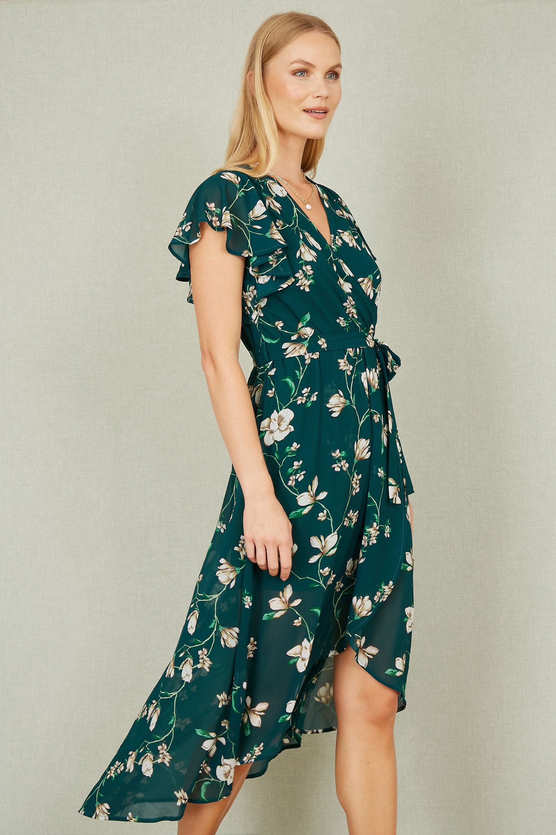 green floral wrap midi dress Anne Klein Women's Faux-Wrap A-Line Midi Dress