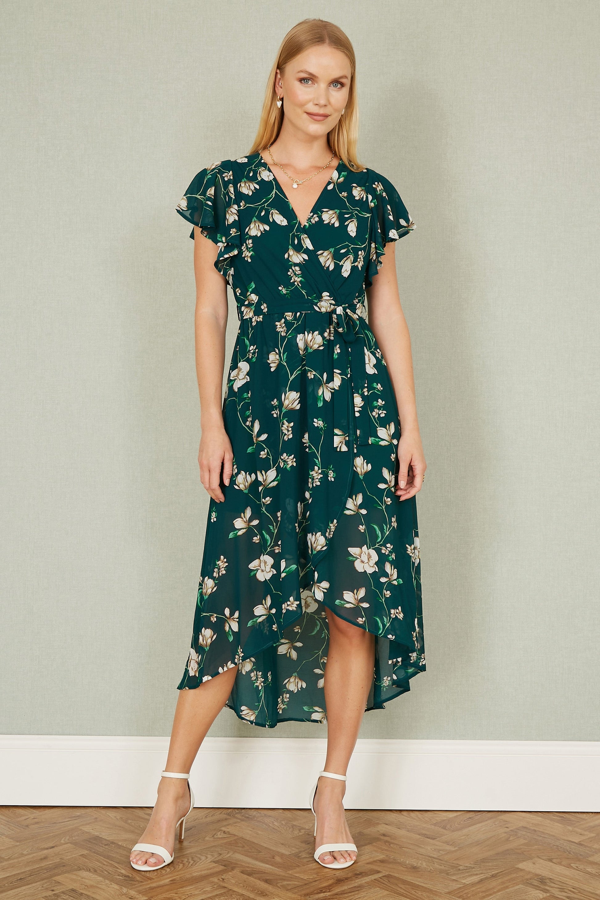 green printed midi wrap dress Green Short Sleeve Wrap Midi Dress