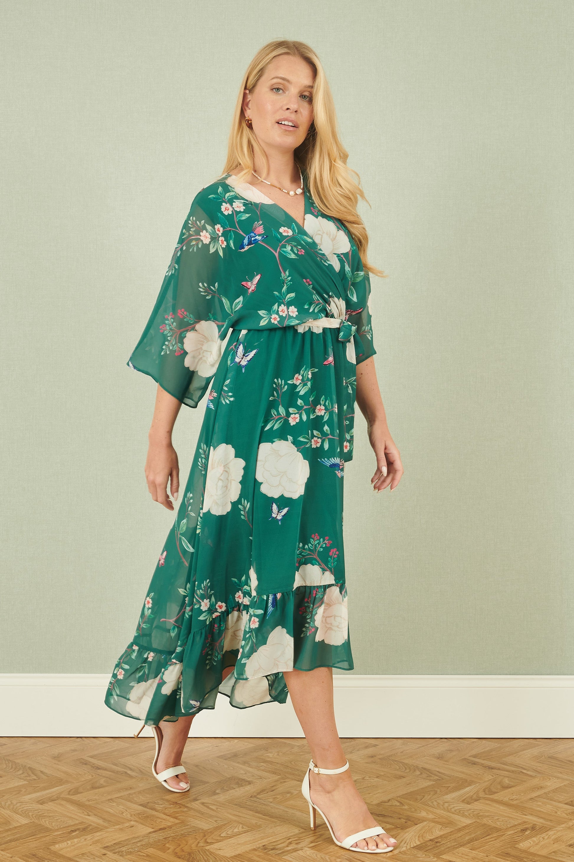 green bird print dress Yumi Green Bird And Floral Print Midi Wrap Dress