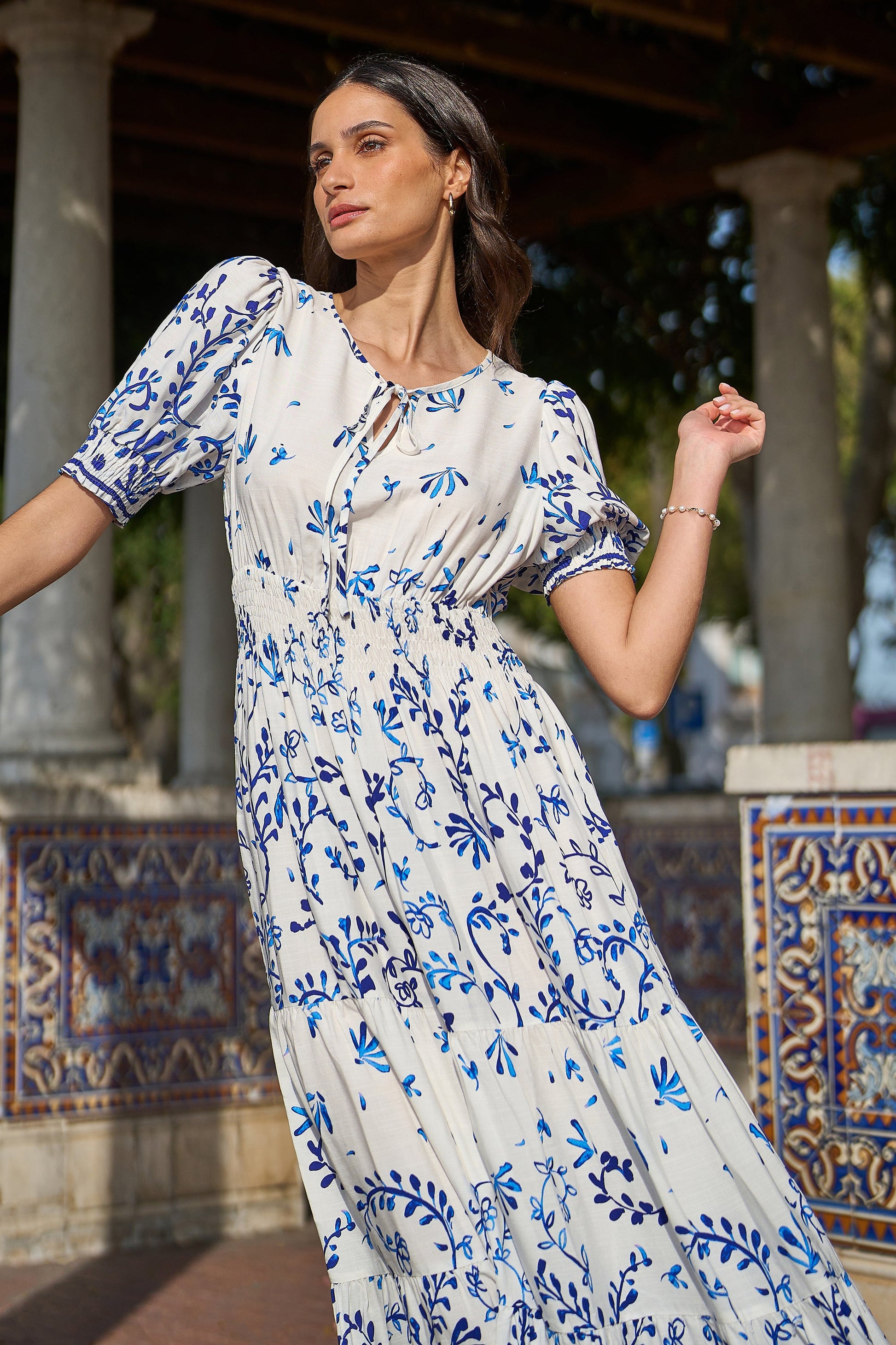 border print maxi dress Easel Magenta Border Print Challis Maxi Dress Wing Sleeve Boho V-Neck Dress with Pockets Small