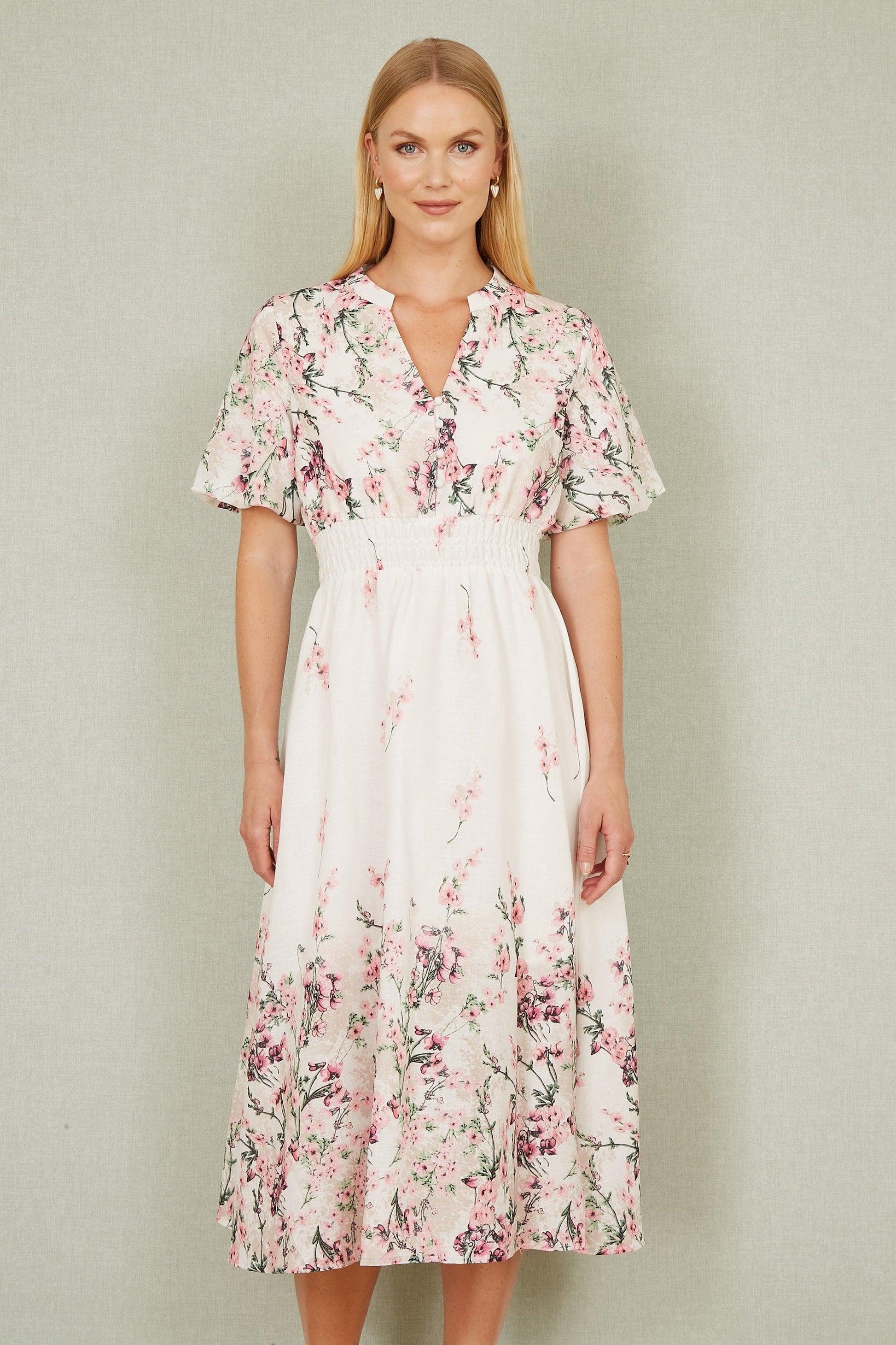 Yumi White Mirrored Floral Button Up Midi Dress With Ruched Waist – Envy Boutique Yumi White Mirrored Floral Button Up Midi Dress With Ruched Waist – Envy Boutique