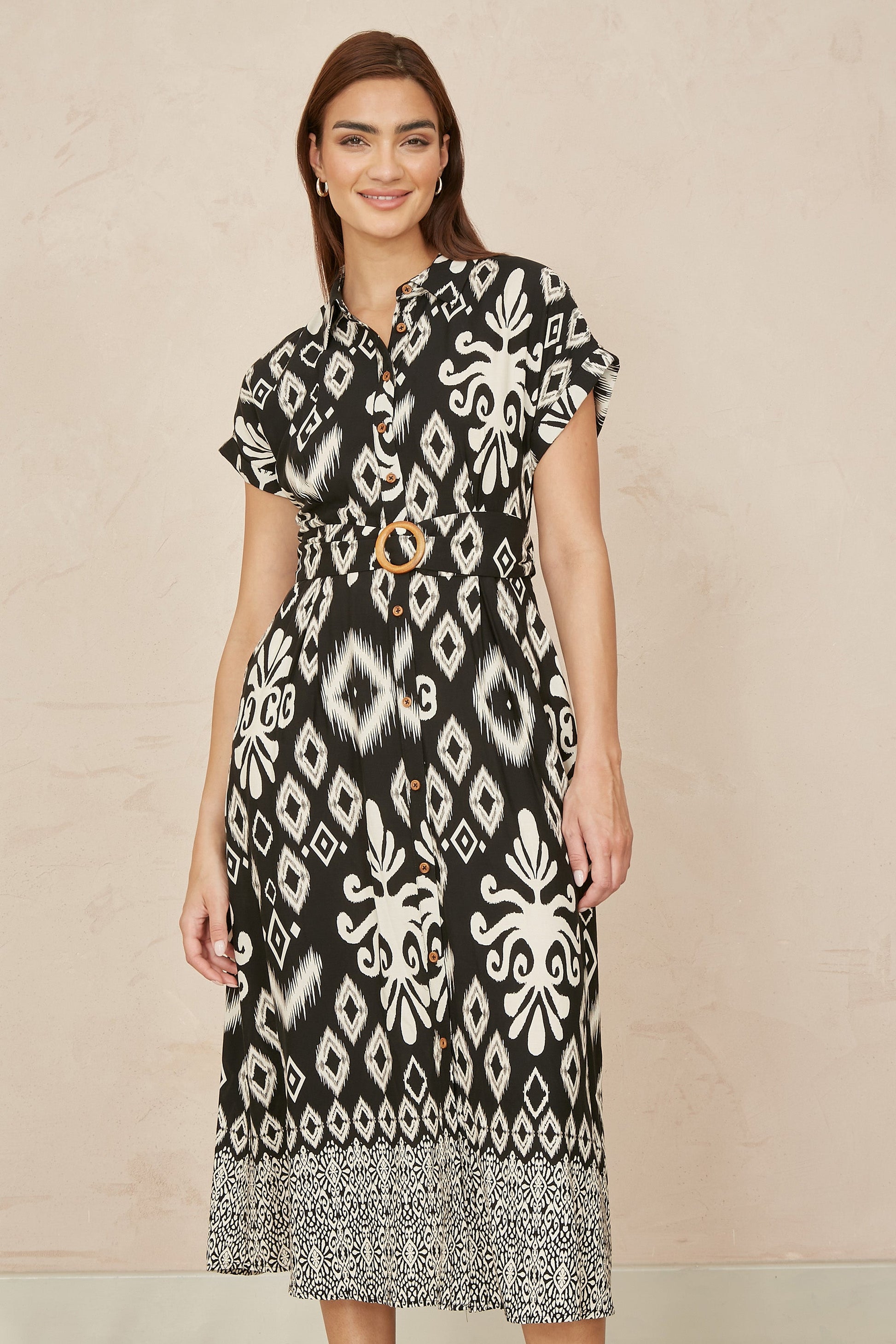 relaxed midi shirt dress Yumi Black Abstract Geo Print Relaxed Midi Shirt Dress With Belt