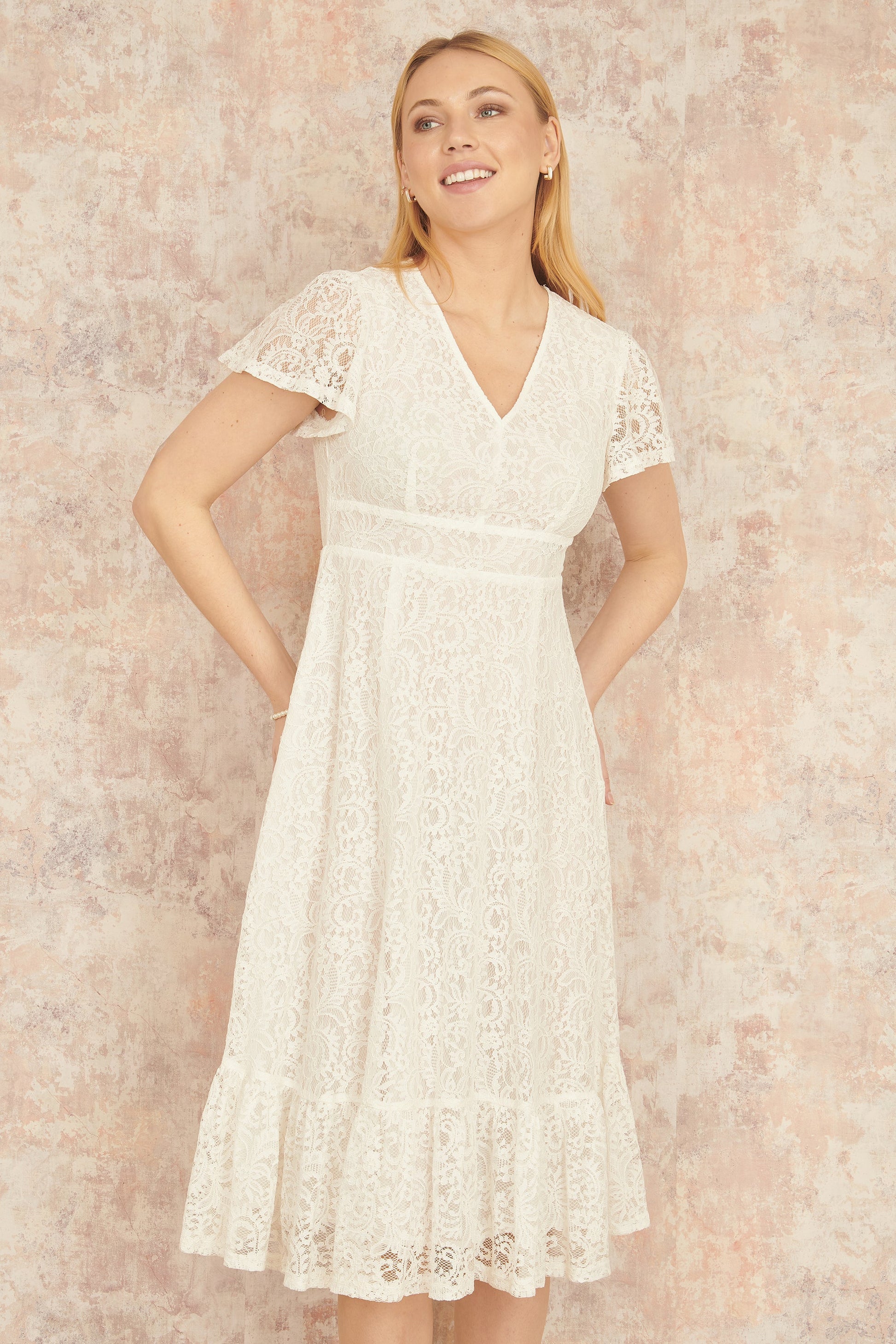 Yumi White Lace Midi Skater Dress - White / 6 Yumi White Lace Midi Skater Dress - White / 6