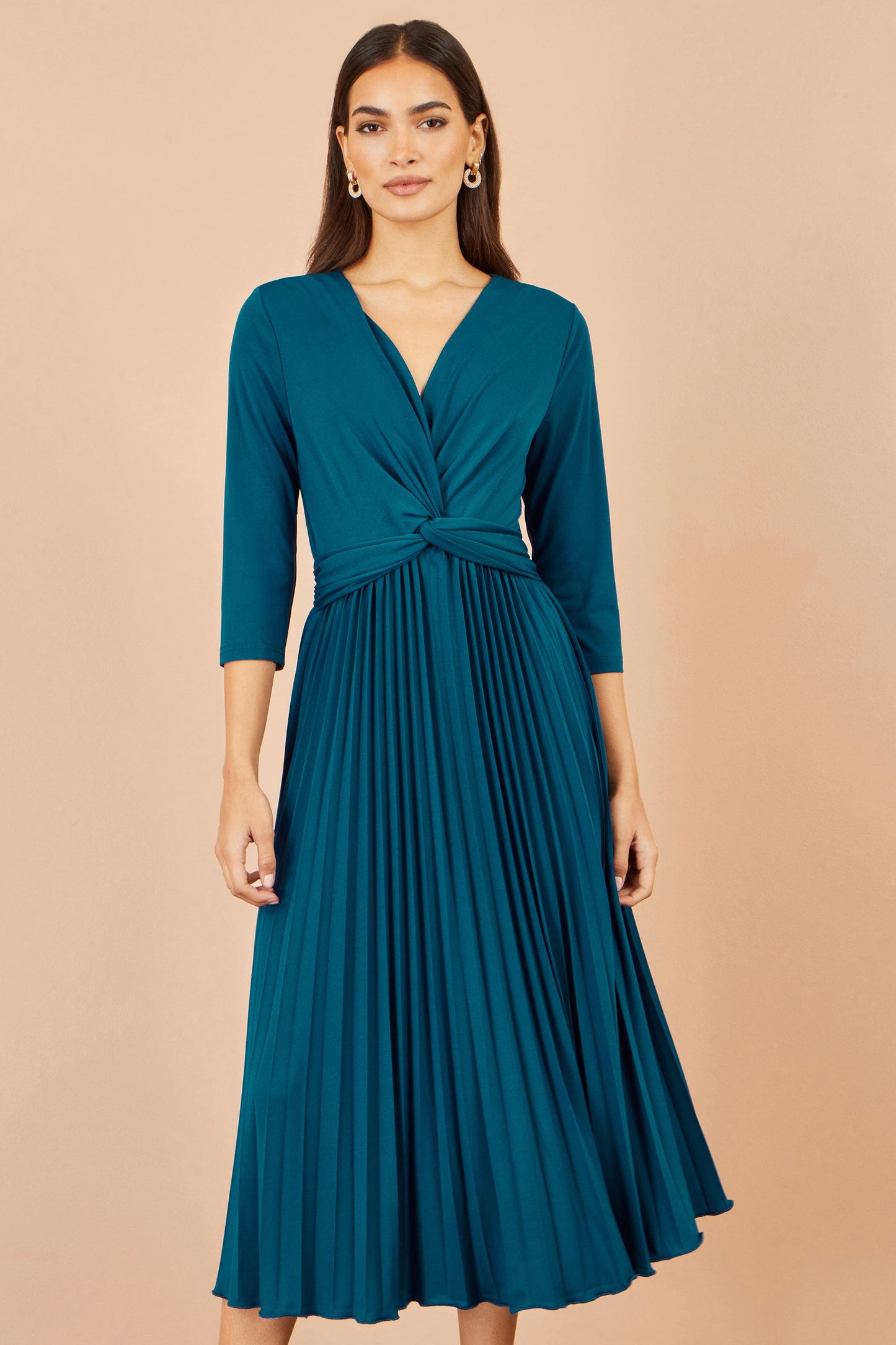Yumi Teal Stretch Wrap Pleated Midi Dress