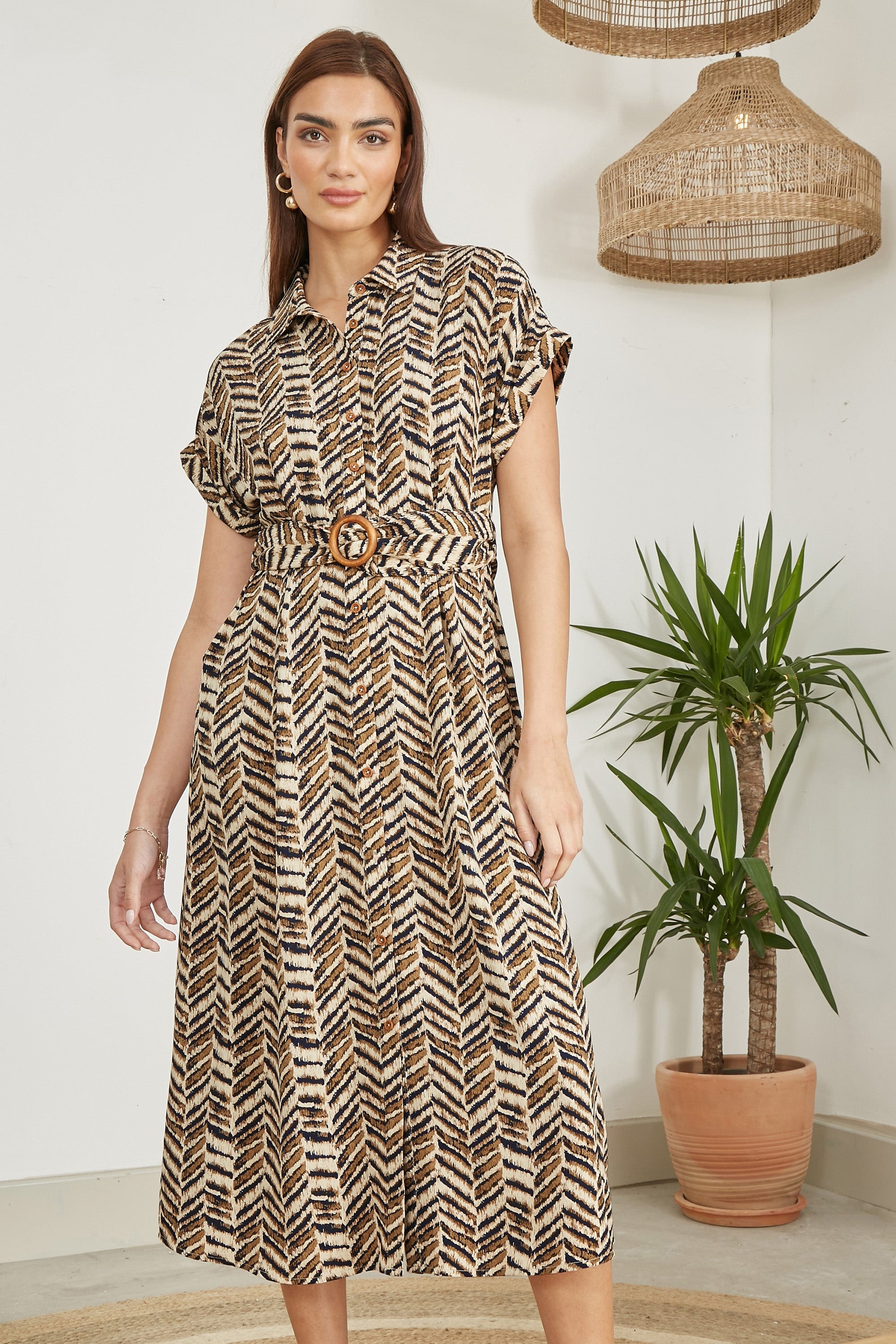 knee length dresses for ladies Yumi Brown Abstract Animal Print Relaxed Midi Shirt Dress With Belt – Envy  Boutique