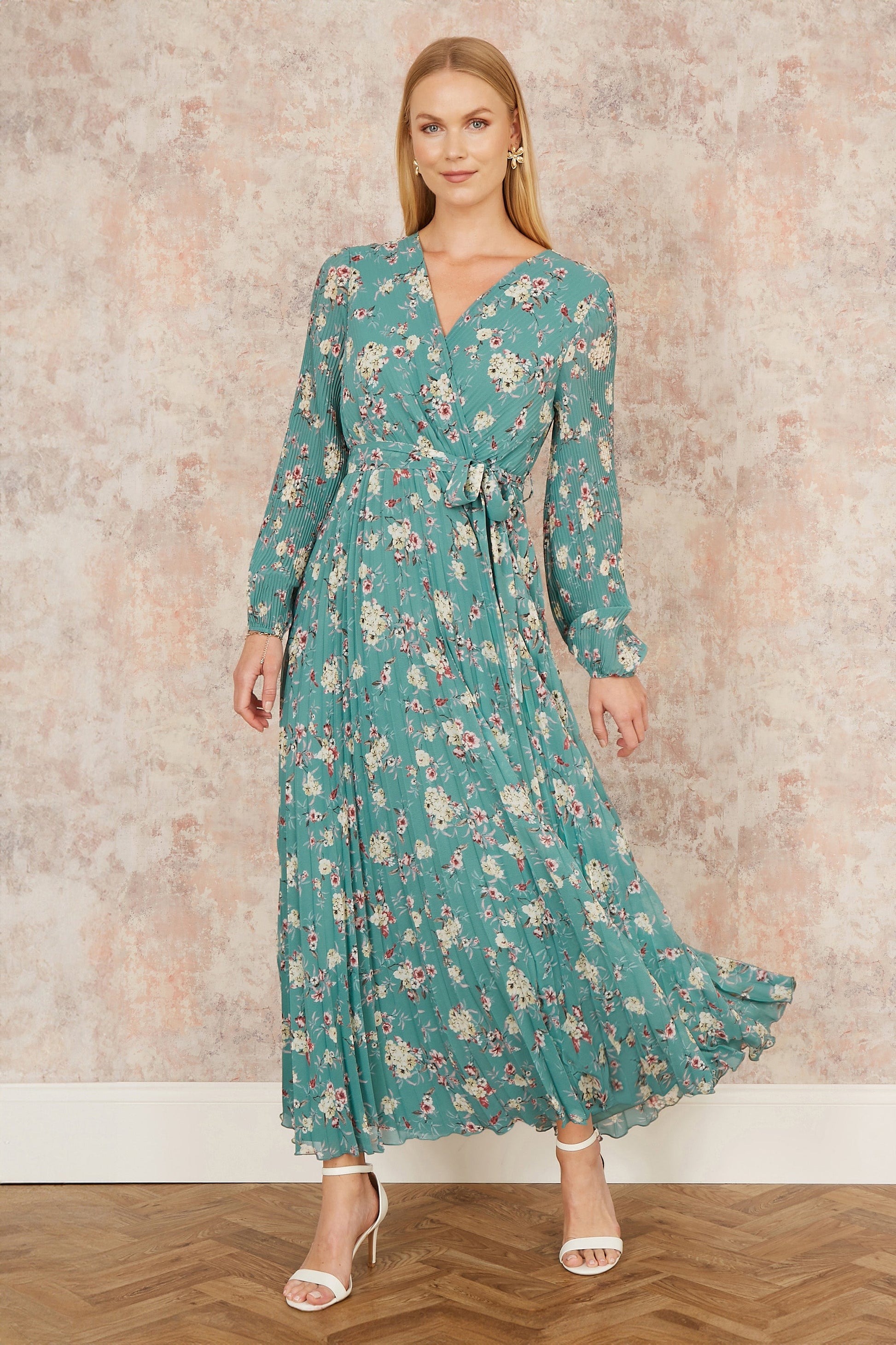 Yumi Mint Green Floral Pleated Long Sleeve Wrap Over Midi Dress - Mint Green / 6 Yumi Mint Green Floral Pleated Long Sleeve Wrap Over Midi Dress - Mint Green / 6