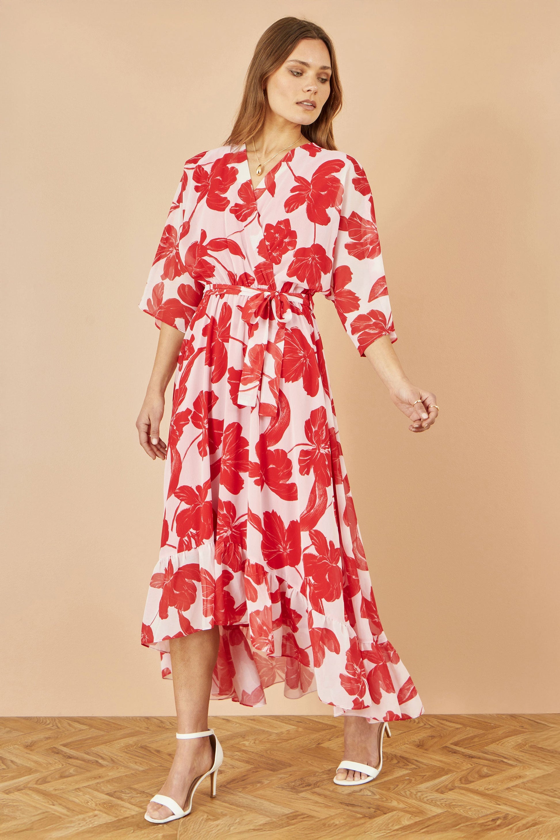 Yumi Red Kimono Sleeves Dip Hem Wrap Midi Dress – Envy Boutique