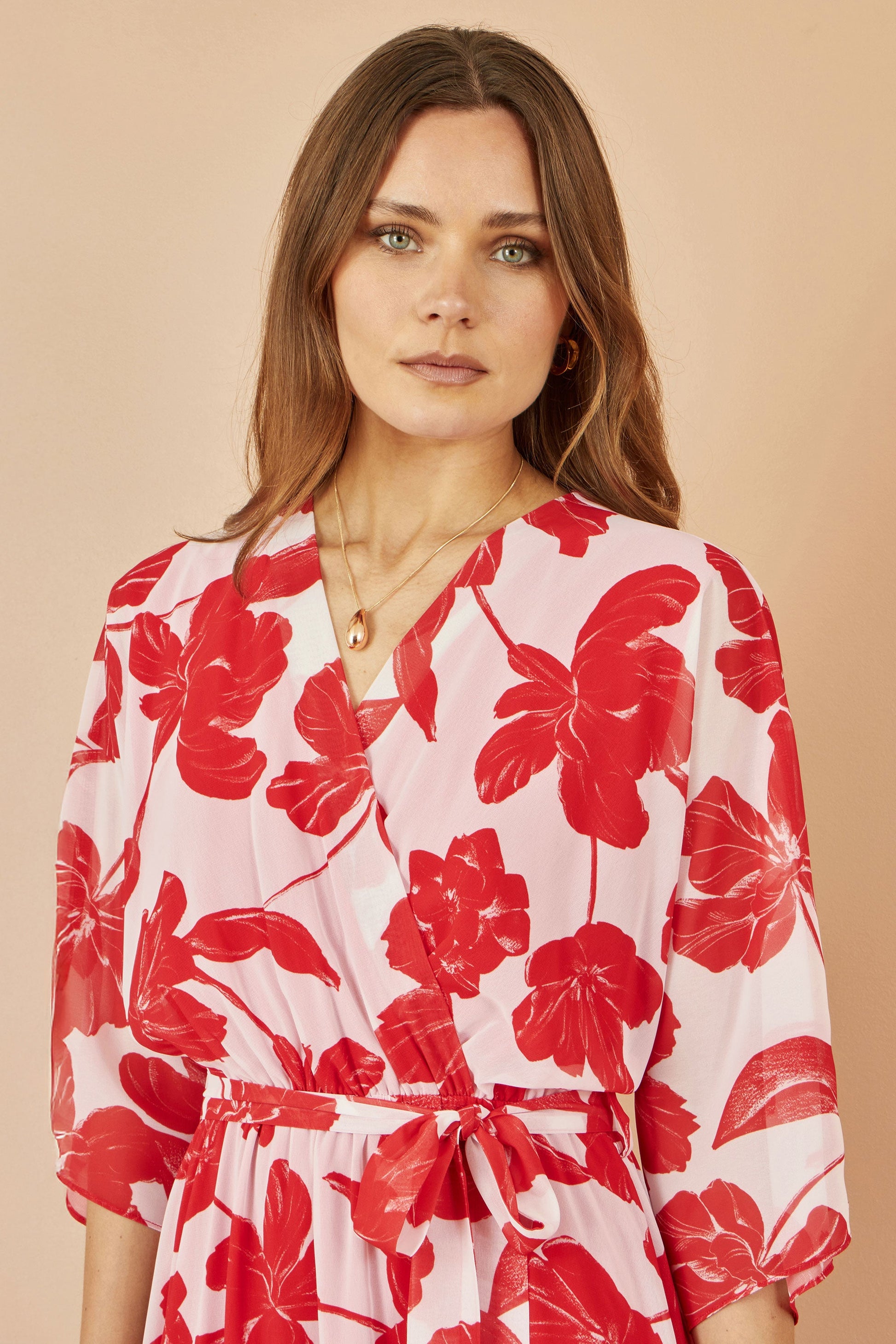 Yumi Red Kimono Sleeves Dip Hem Wrap Midi Dress – Envy Boutique