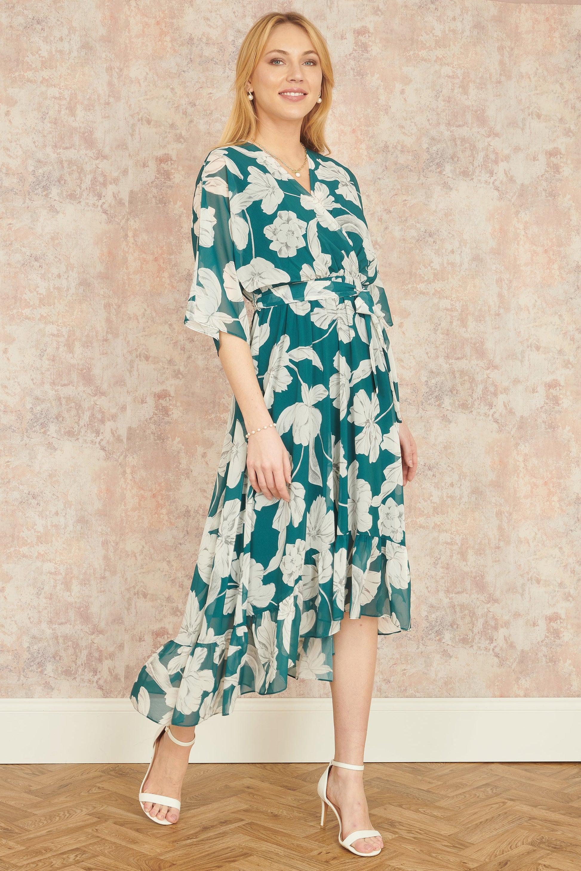 kimono sleeve midi dress Yumi Green Kimono Sleeves Midi Dip Hem Wrap Midi Dress – Envy Boutique