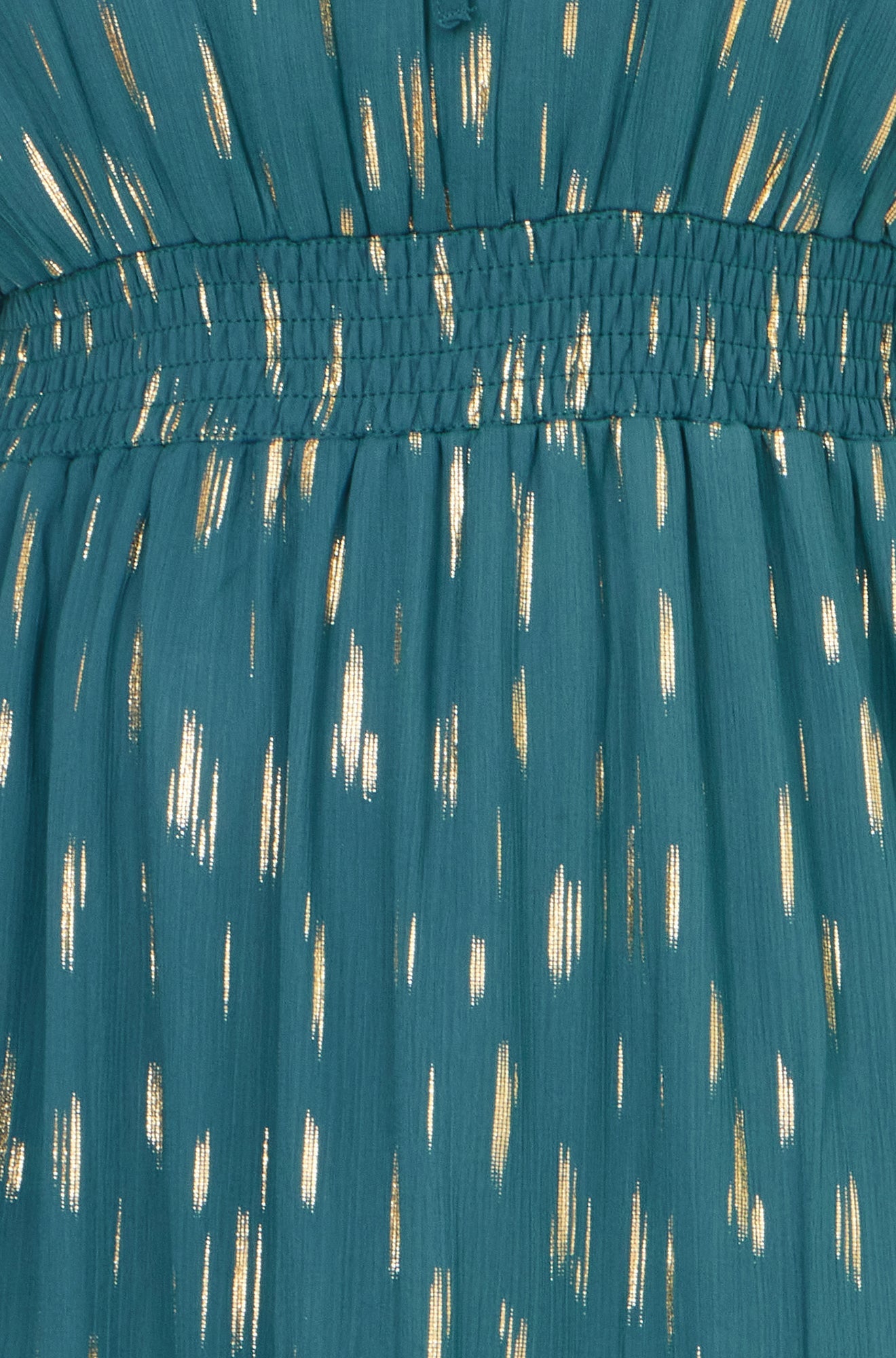 Yumi Teal Foil Print Ruched Waist Midi Dress With Tie Notch Neckline