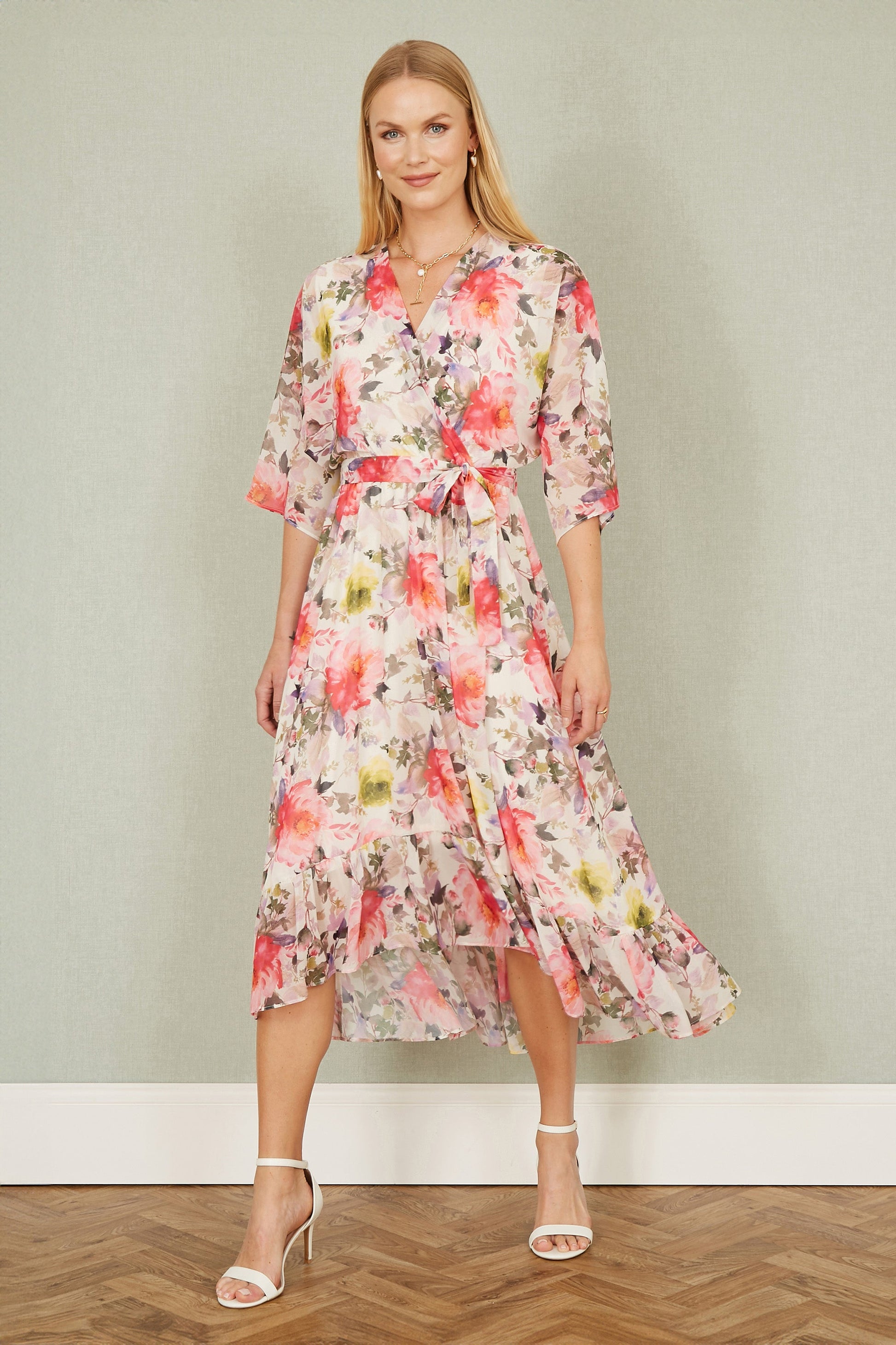 Yumi Ivory Vintage Floral Wrap Midi Dress With Frill – Envy Boutique