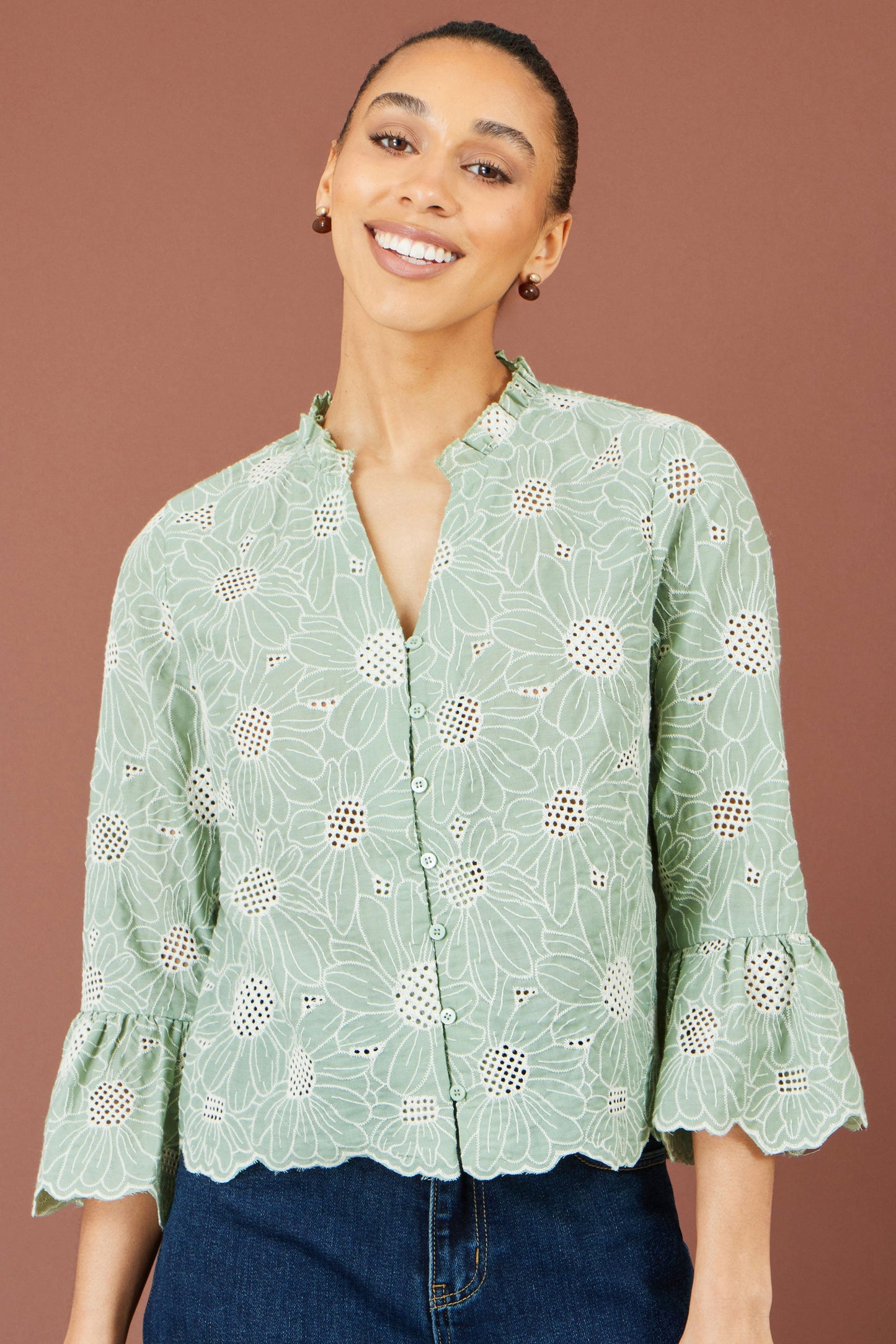 Yumi Green Daisy Broderie Shirt With Fluted Sleeves