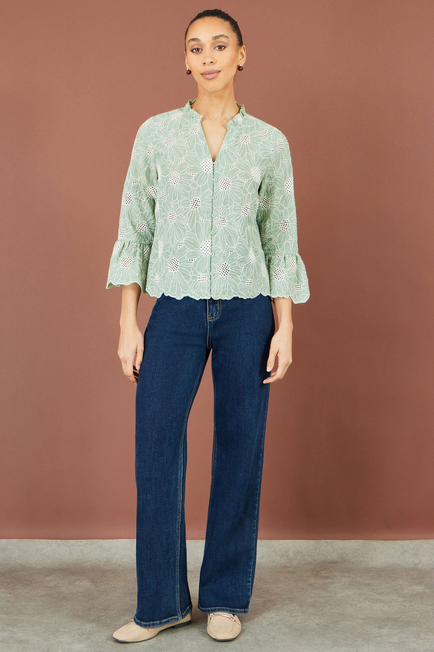 Yumi Green Daisy Broderie Shirt With Fluted Sleeves