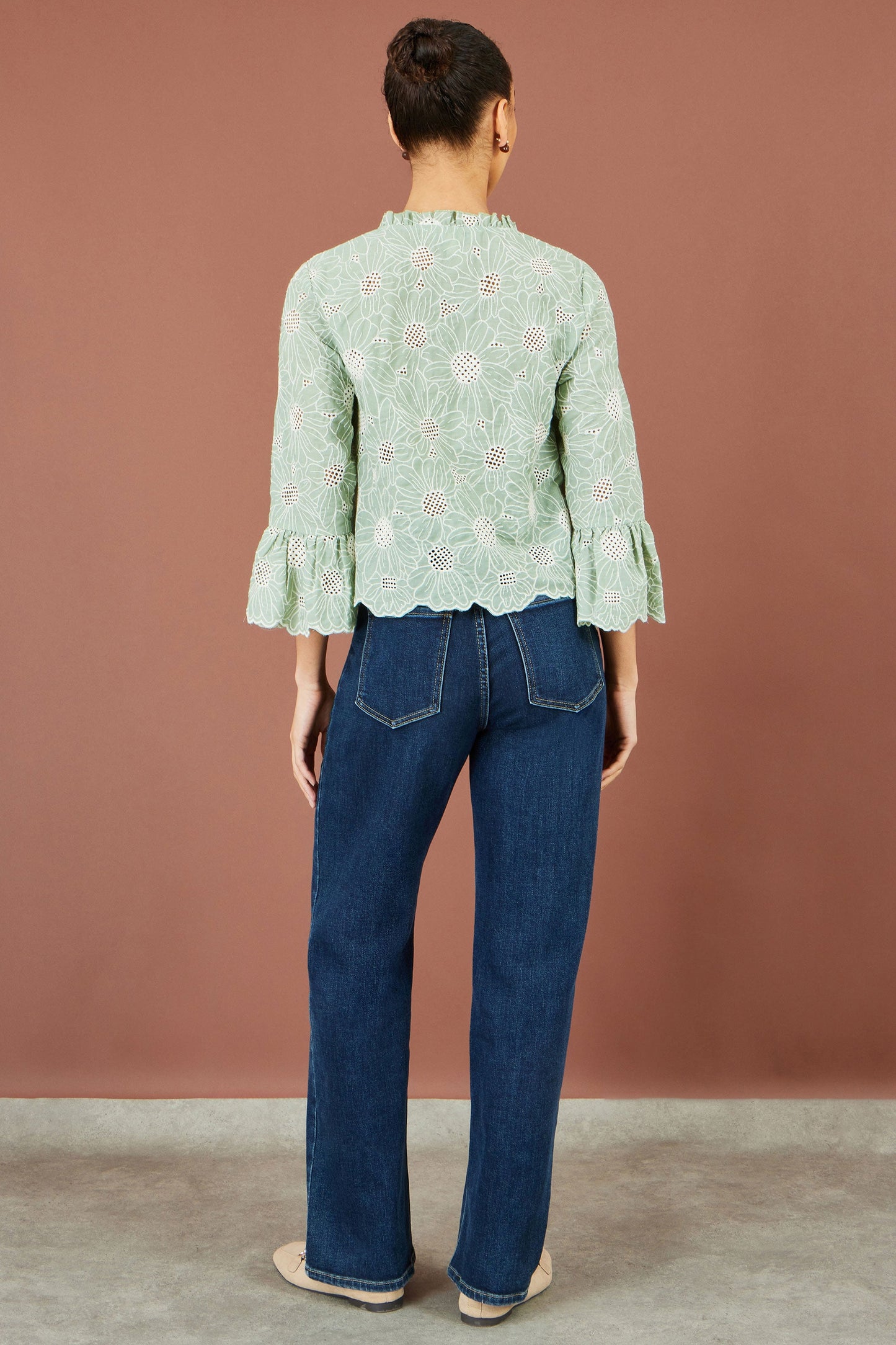Yumi Green Daisy Broderie Shirt With Fluted Sleeves