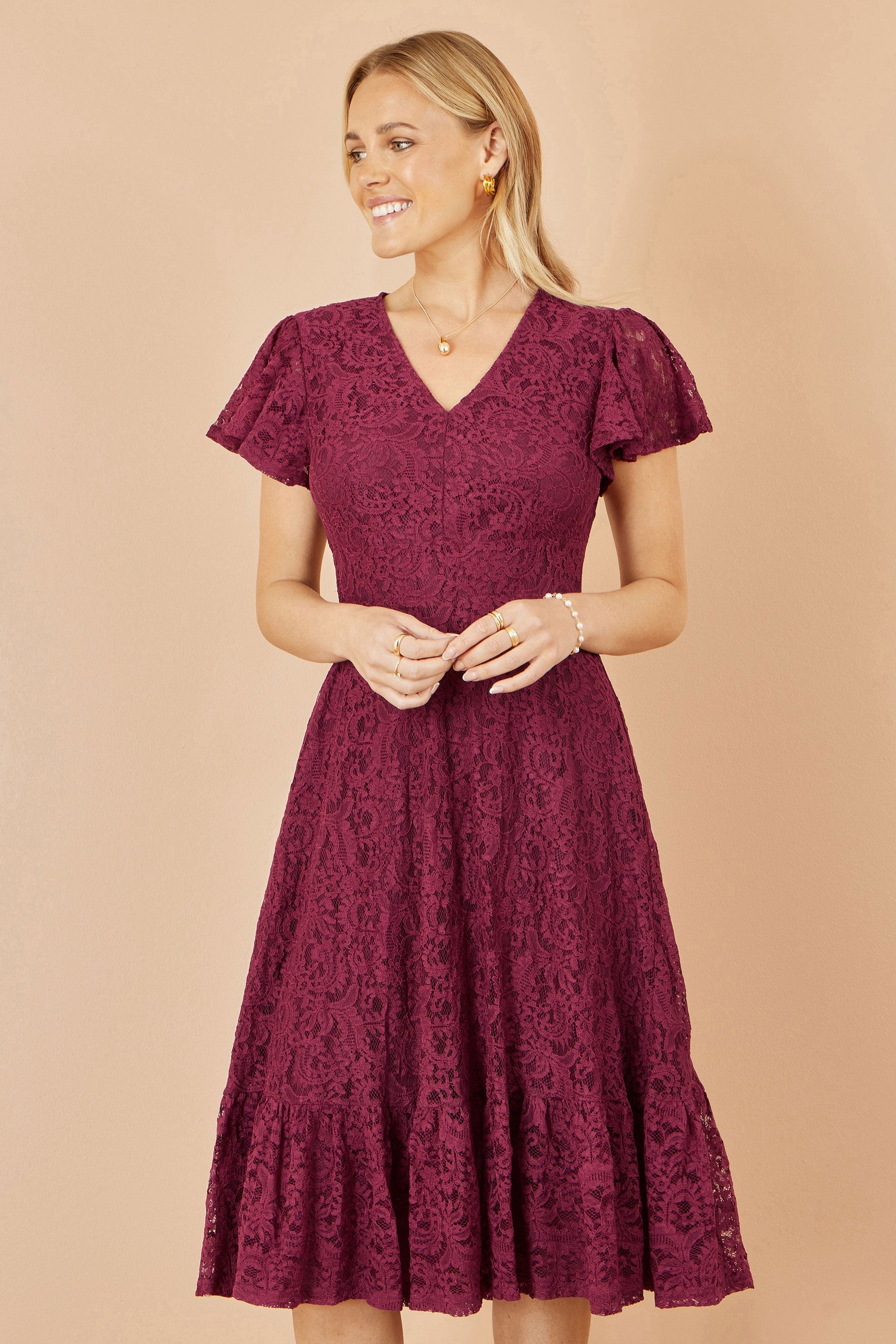 burgundy lace skater dress Yumi Burgundy Lace Midi Skater Dress