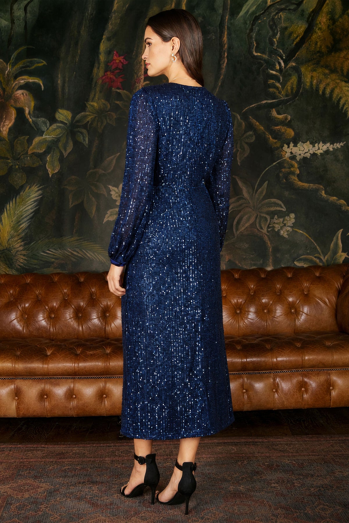 Yumi Navy Sequin Long Sleeve Midi Dress
