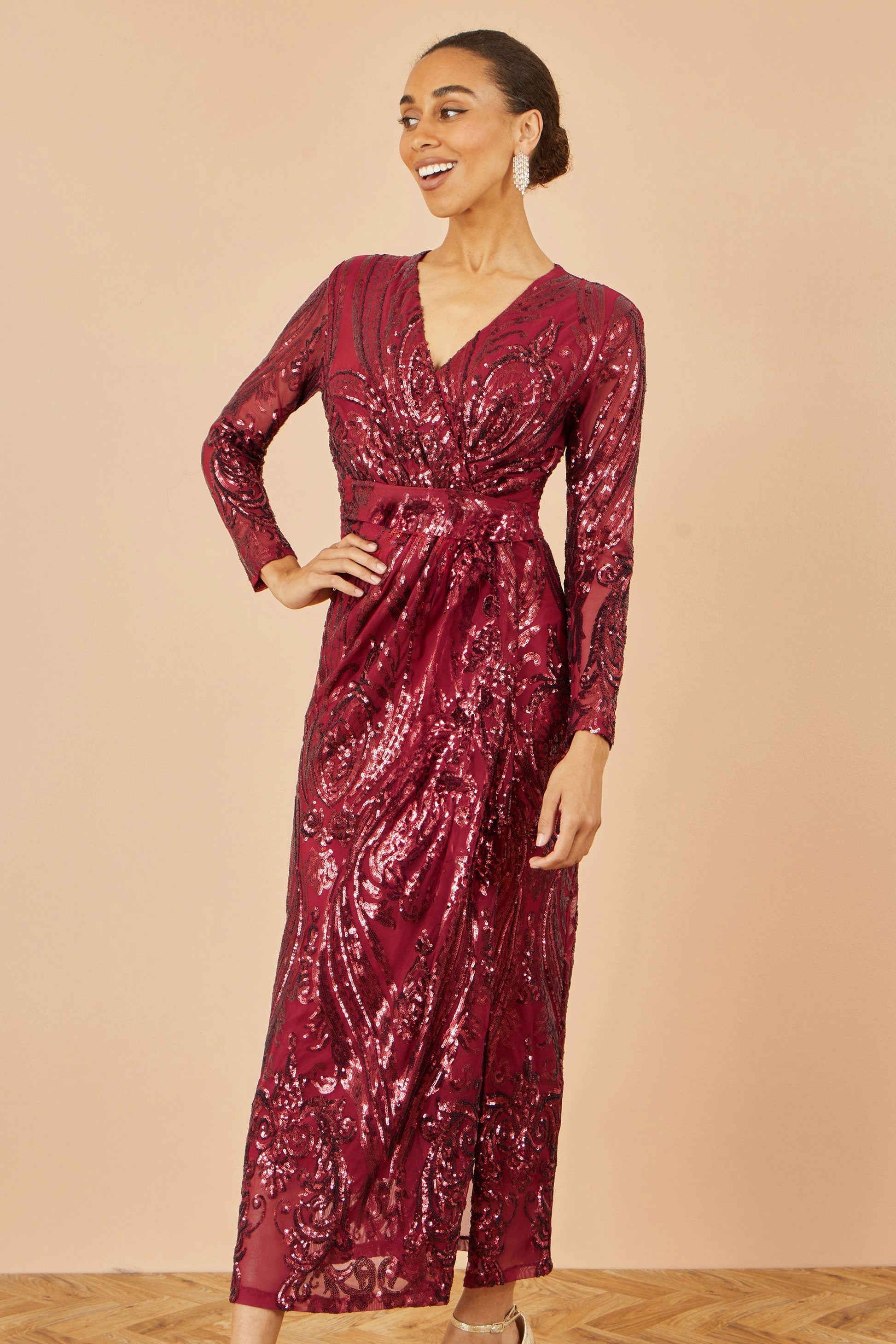 Yumi Red Sequin Midi Wrap Dress With Split Hemline And Long Sleeves Envy Boutique Yumi Red Sequin Midi Wrap Dress With Split Hemline And Long Sleeves Envy Boutique