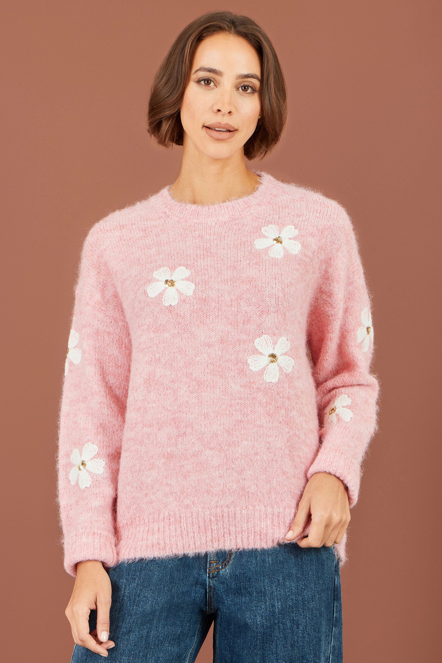 Yumi Pink Relaxed Jumper With Crochet Flowers