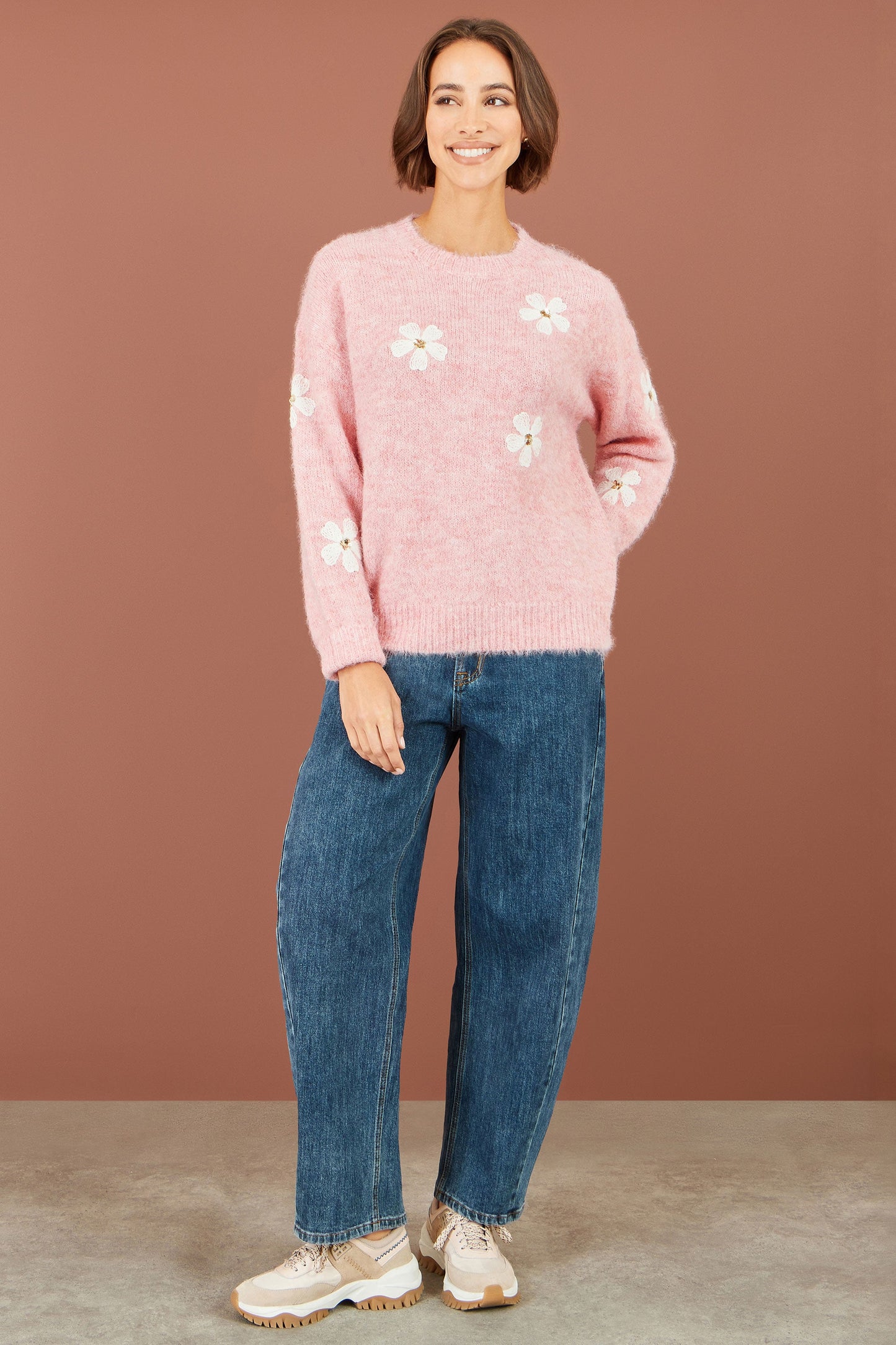 Yumi Pink Relaxed Jumper With Crochet Flowers
