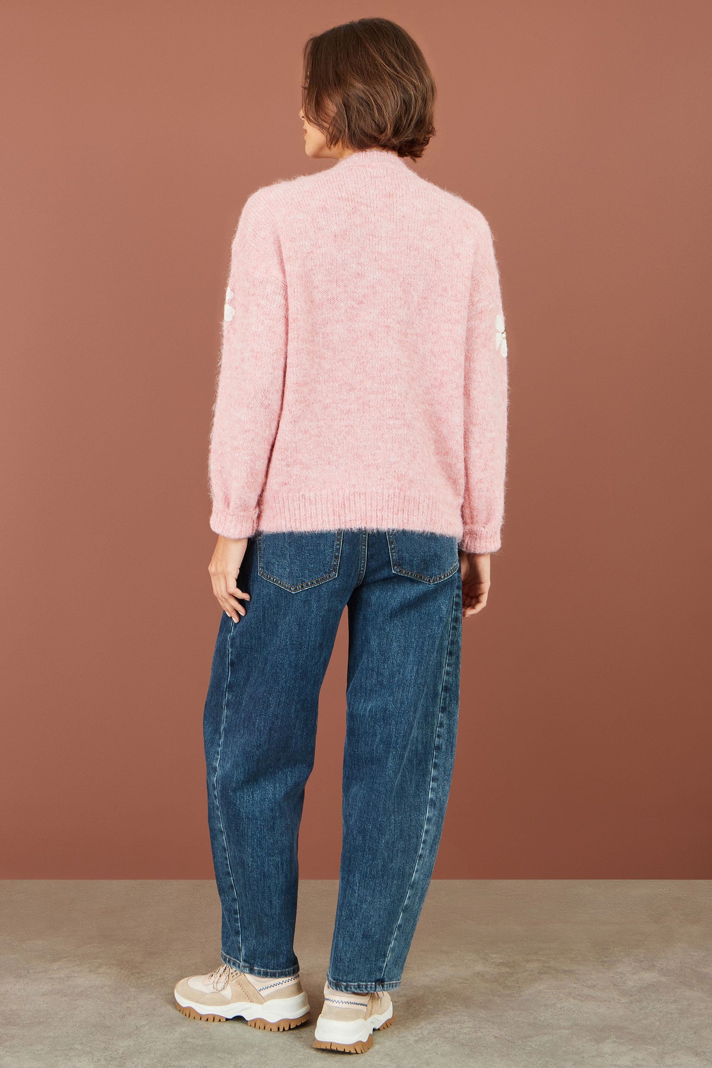 Yumi Pink Relaxed Jumper With Crochet Flowers