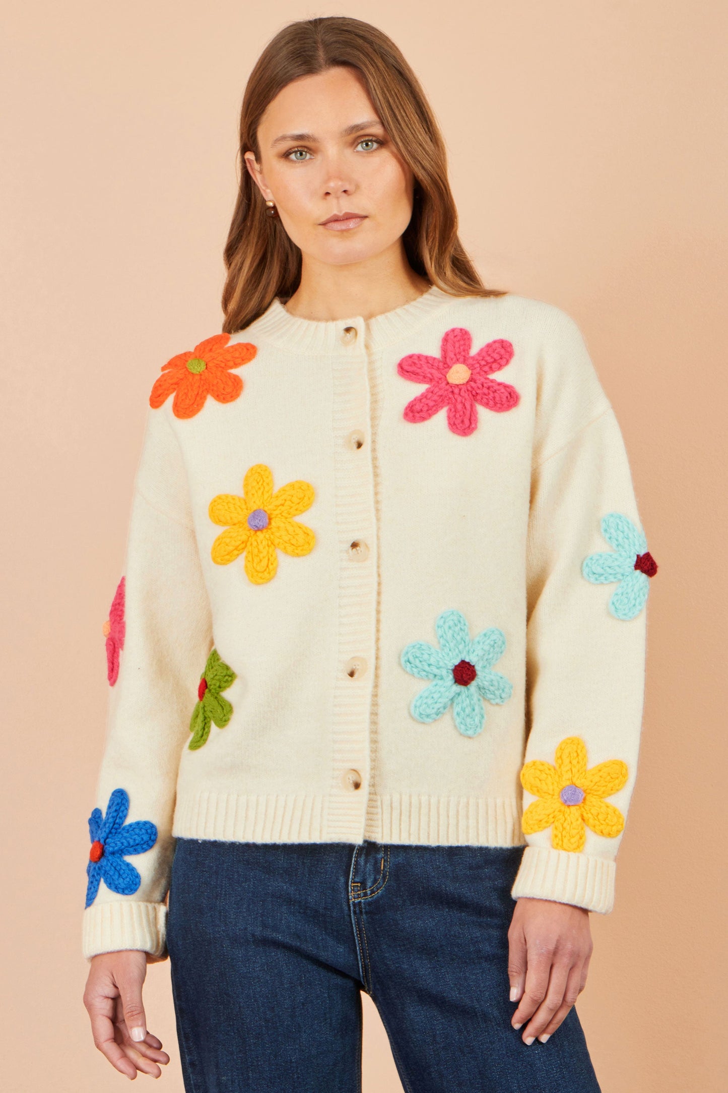 Yumi Ivory Knitted Flower Applique Cardigan