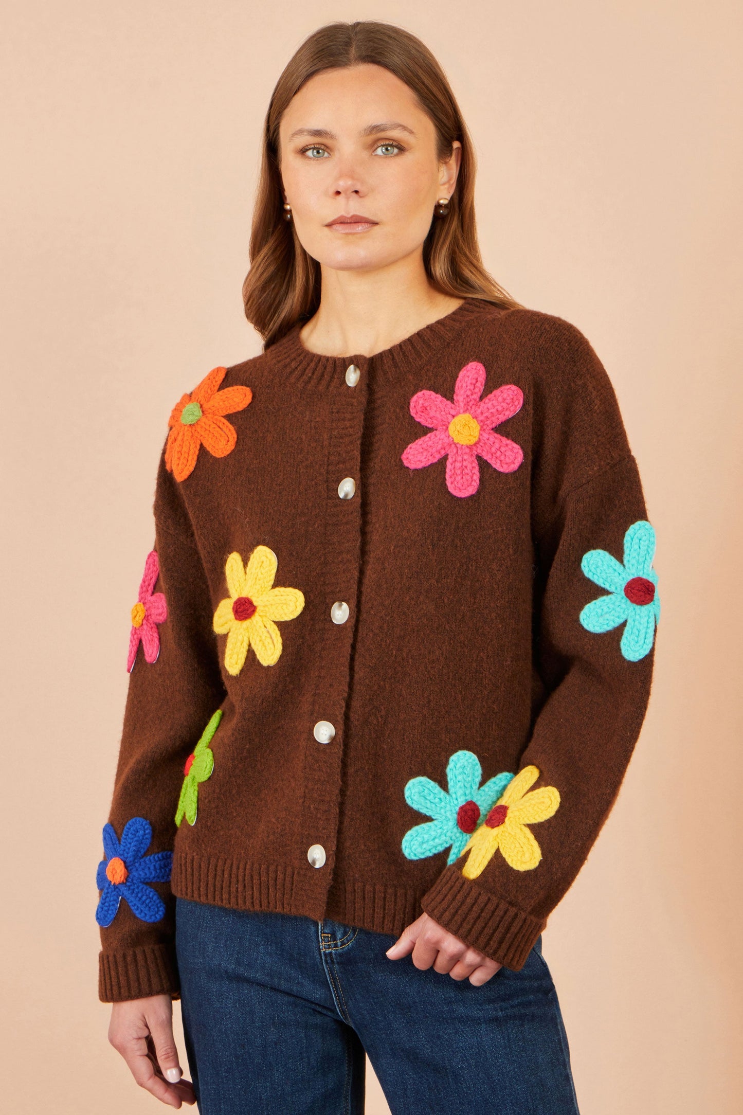 Yumi Brown Knitted Flower Applique Cardigan