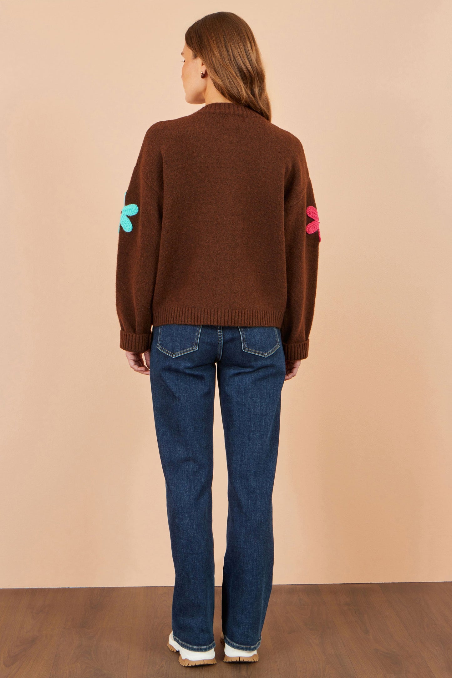 Yumi Brown Knitted Flower Applique Cardigan