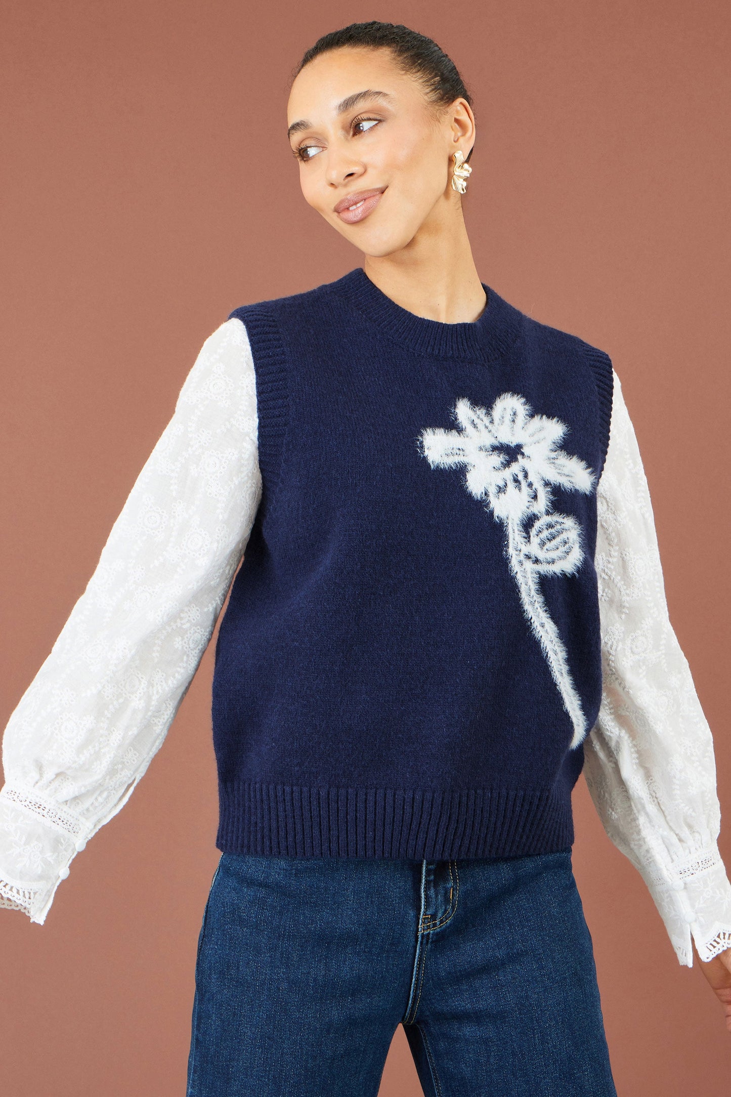 Yumi Navy Knitted Flower Sleeveless Jumper Vest