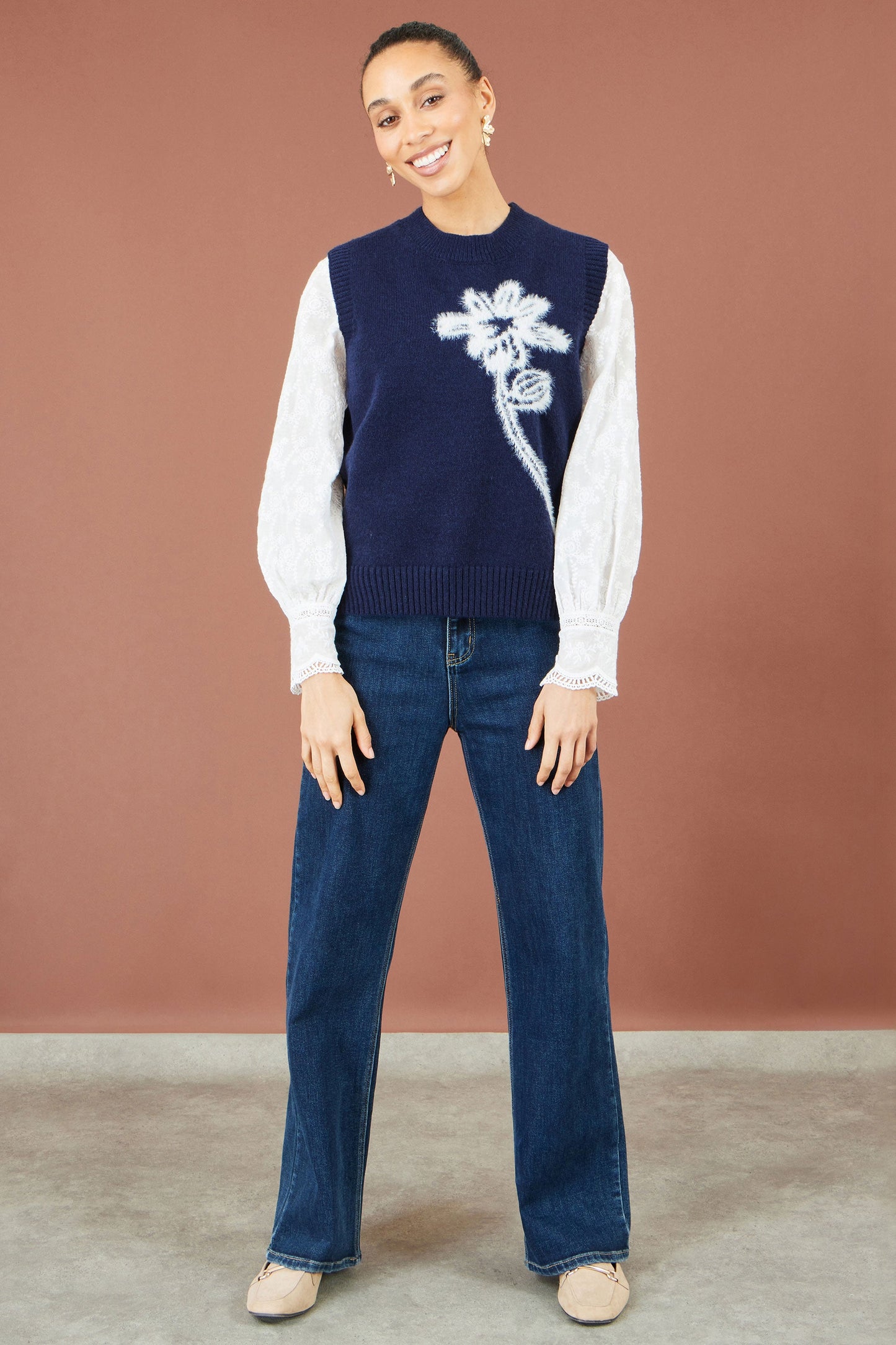 Yumi Navy Knitted Flower Sleeveless Jumper Vest