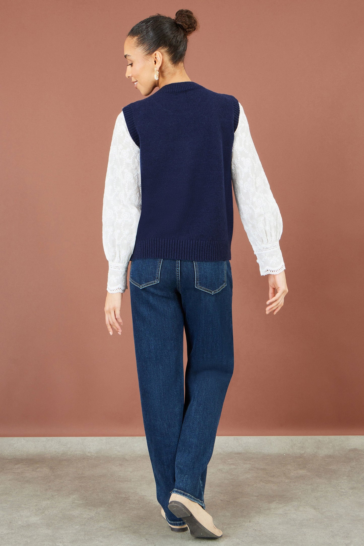 Yumi Navy Knitted Flower Sleeveless Jumper Vest