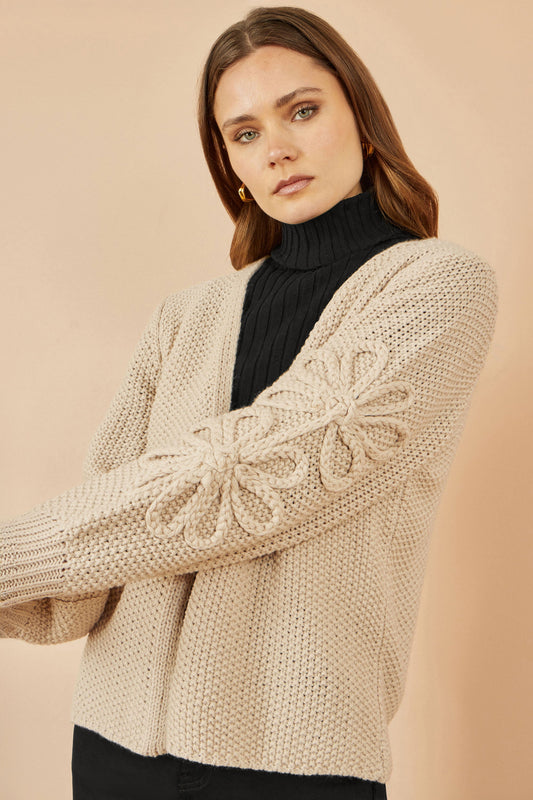 Yumi Beige Edge to Edge Cardigan With Flower Detail Sleeves