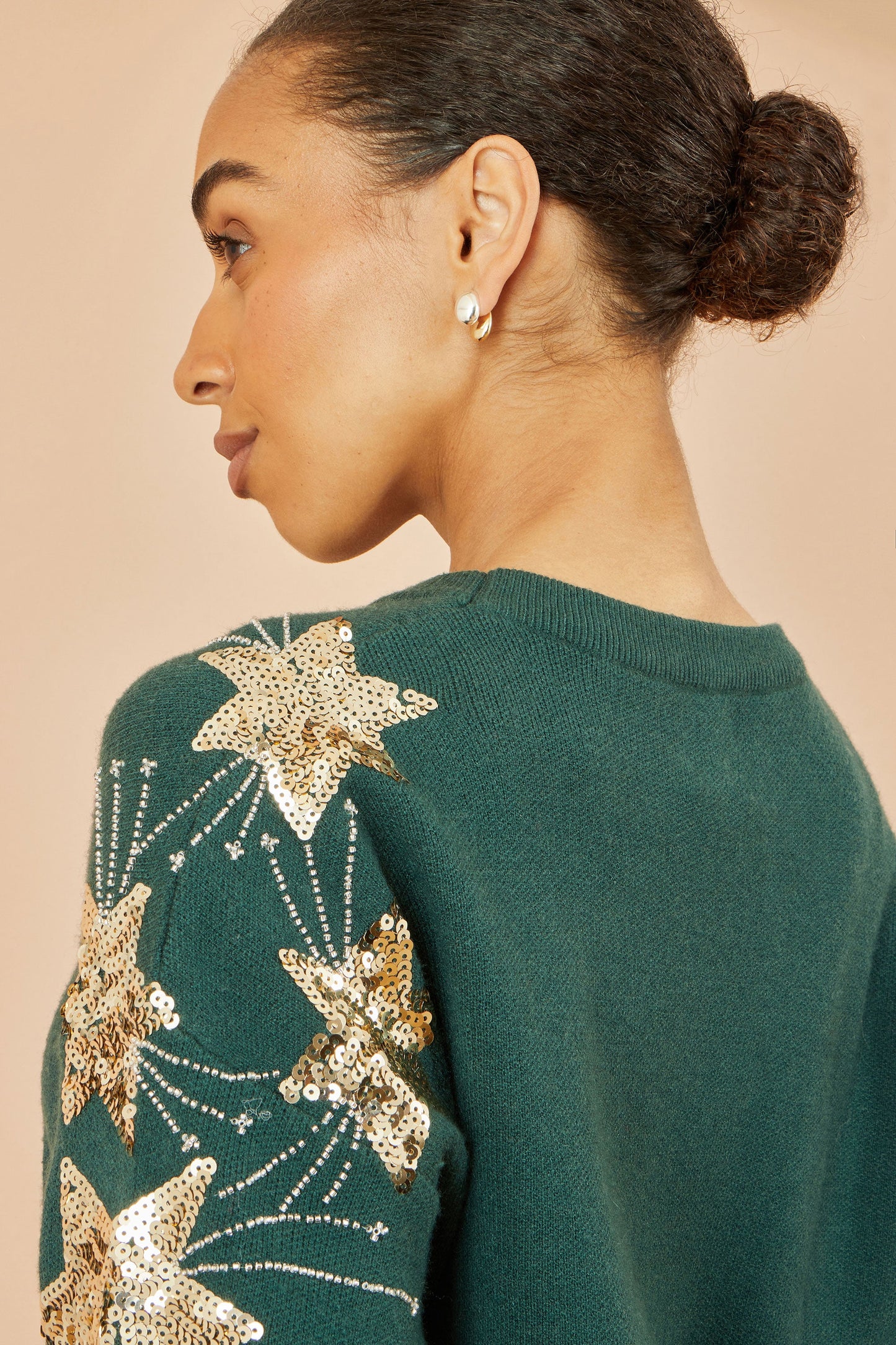 Yumi Green Relaxed Fit Jumper With Sequin Star Sleeves