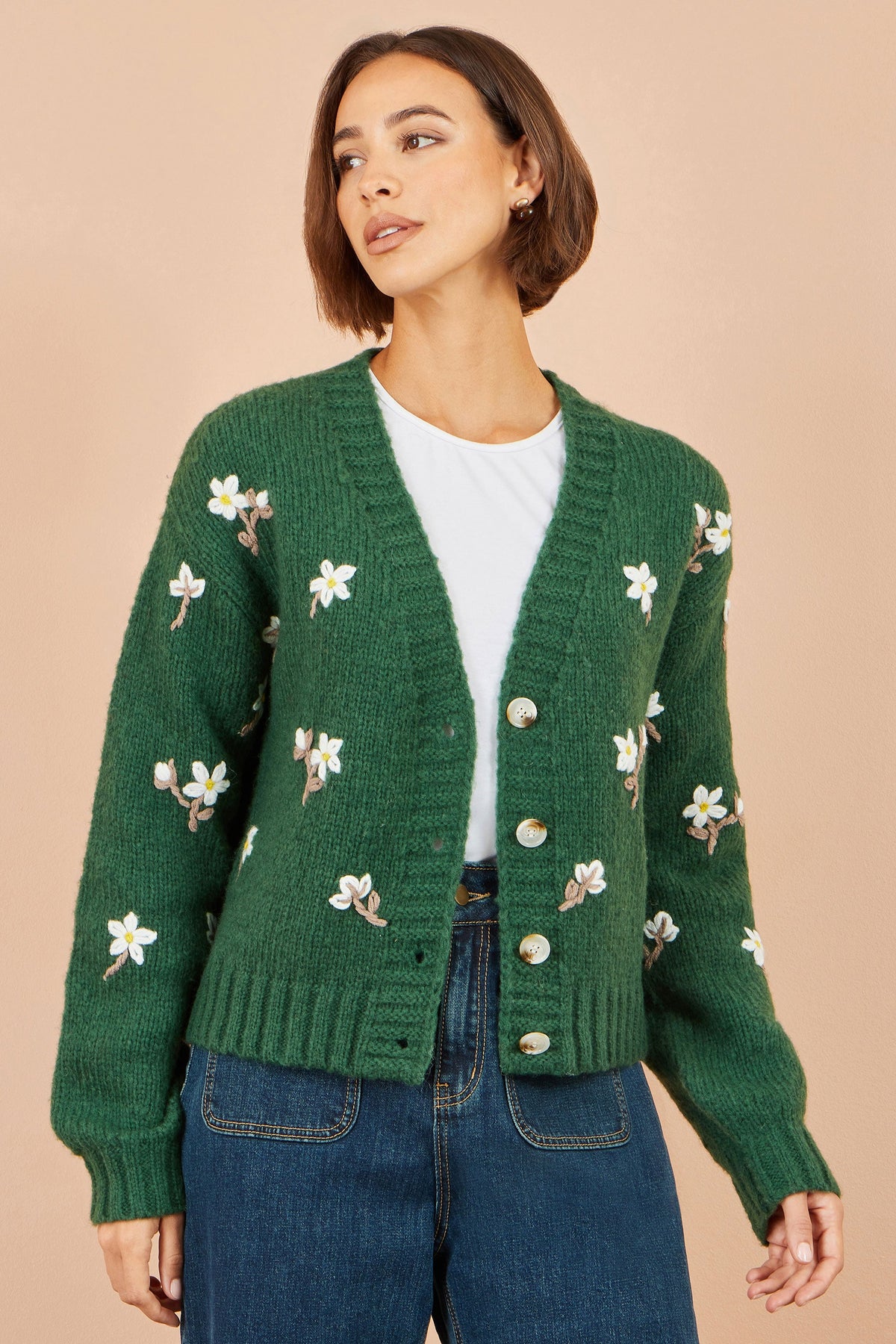 Yumi Green Hand Embroidered Chunky Knitted Cardigan