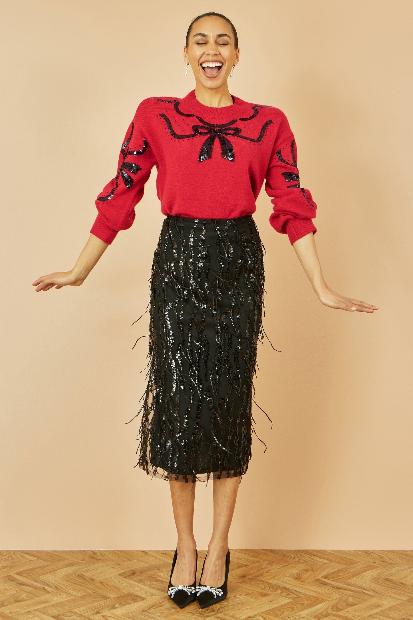 Yumi Red Sequinned Bow Neckline Jumper