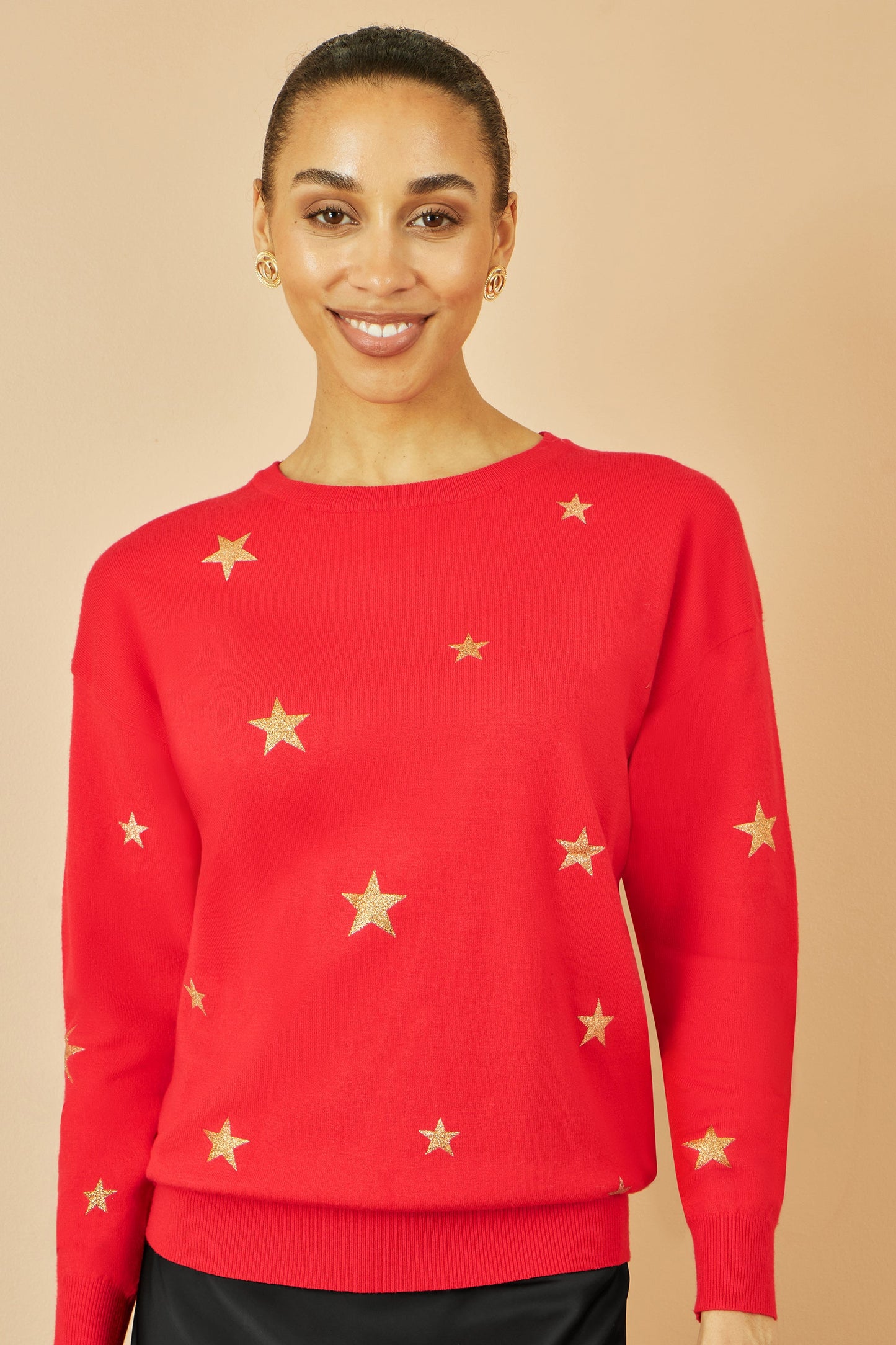 Yumi Red Gold Foil Star Print Relaxed Fit Jumper