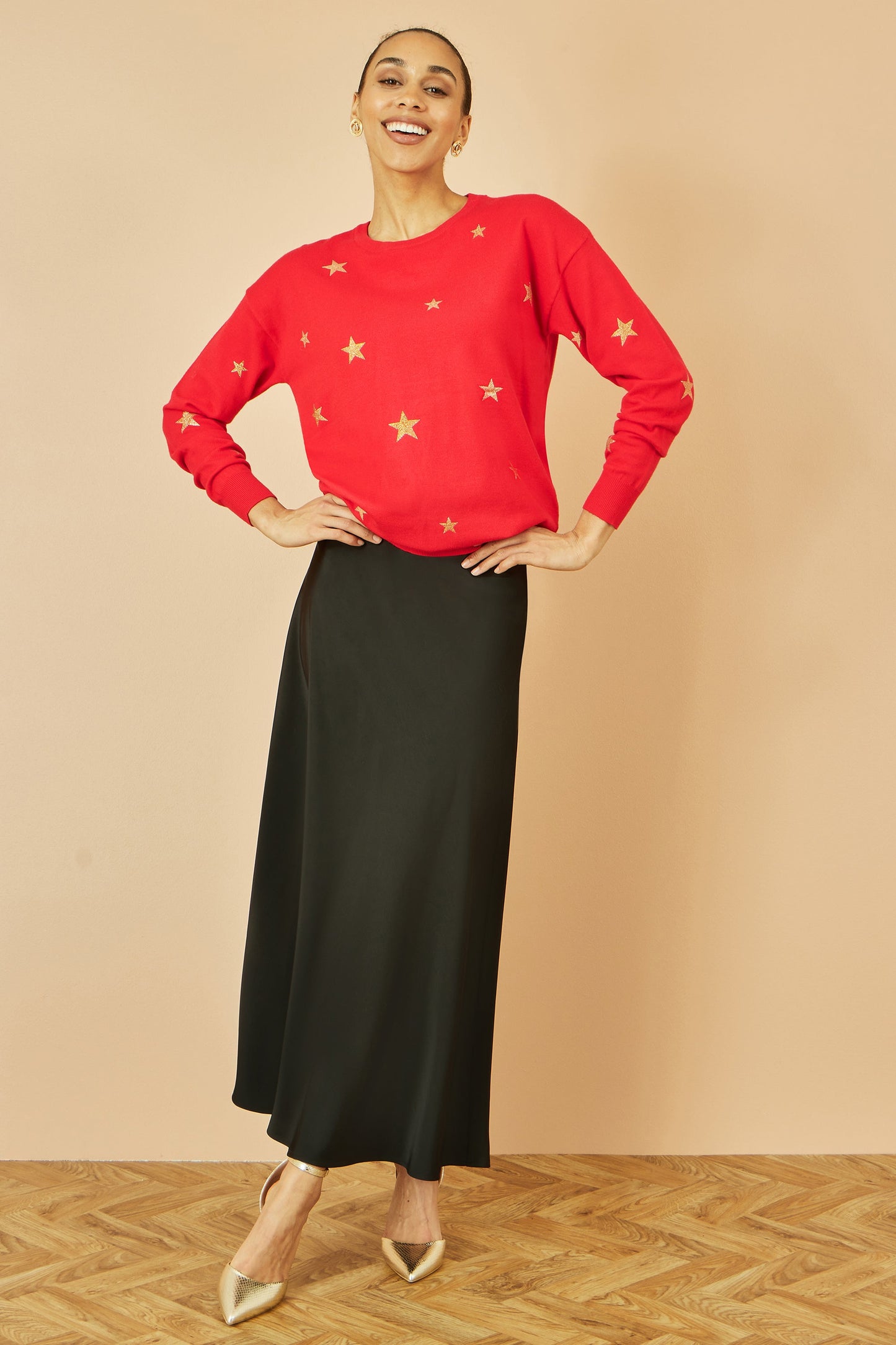 Yumi Red Gold Foil Star Print Relaxed Fit Jumper